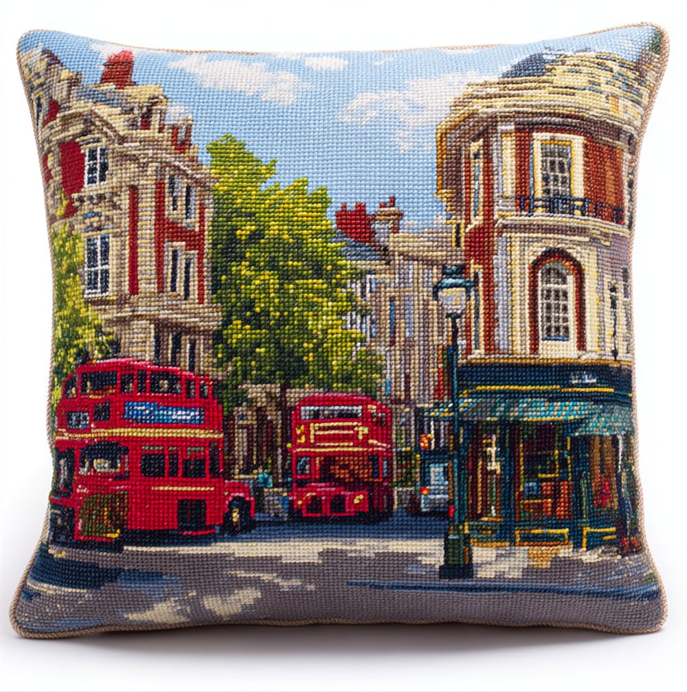 Henypt Cross Stitch Embroidery Kits Cushion Embroidery Set Beginners Pre-Printed London Street Scene 17.7X17.7In(45X45Cm) DIY Cross Stitch Cushion Creative Set for Adults Craft Kit Craftsman Gifts