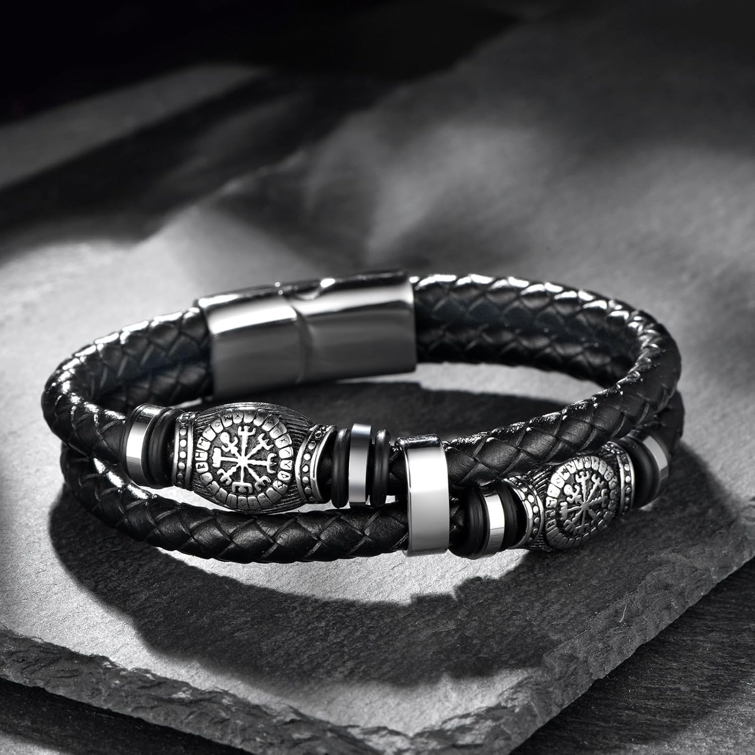 Viking Leather Bracelet for Men, Multi-Layer Braided Black Leather Bracelet with Stainless Steel Vegvisir Compass Beads& Clasp,Norse Jewelry for Daily Wear & Gift - Image 3