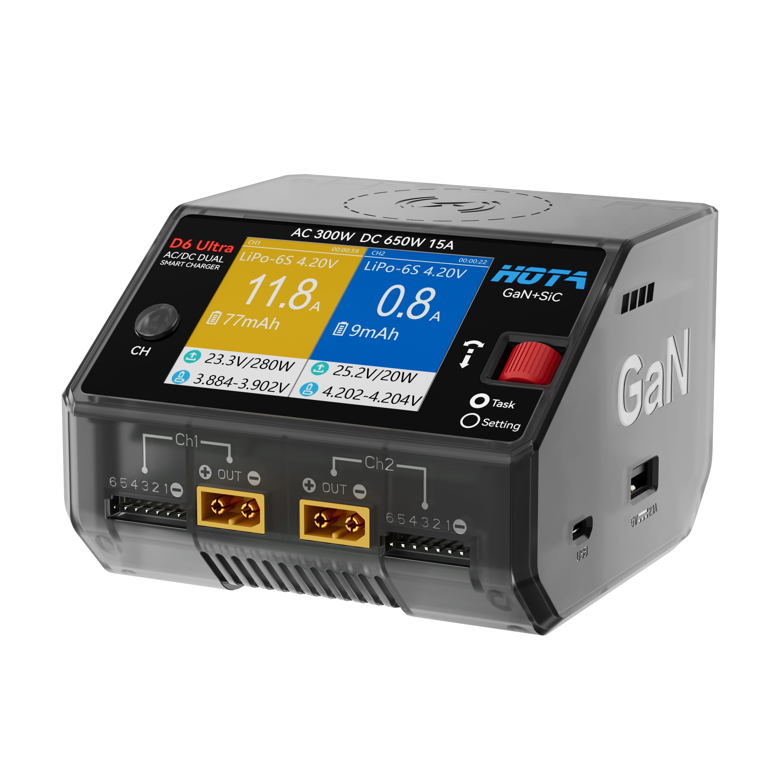 HOTA D6 Ultra GaN+SiC Smart Lipo Ladegerät, 650W DC/300W AC 15A×2 Dual Kanal RC Akku Ladegerät für LiPo Life LiIon NiMH Blei-Säure 1-6S FPV Drohne RC Auto Boot mit 2,8" Farbdisplay & kabelloses Laden