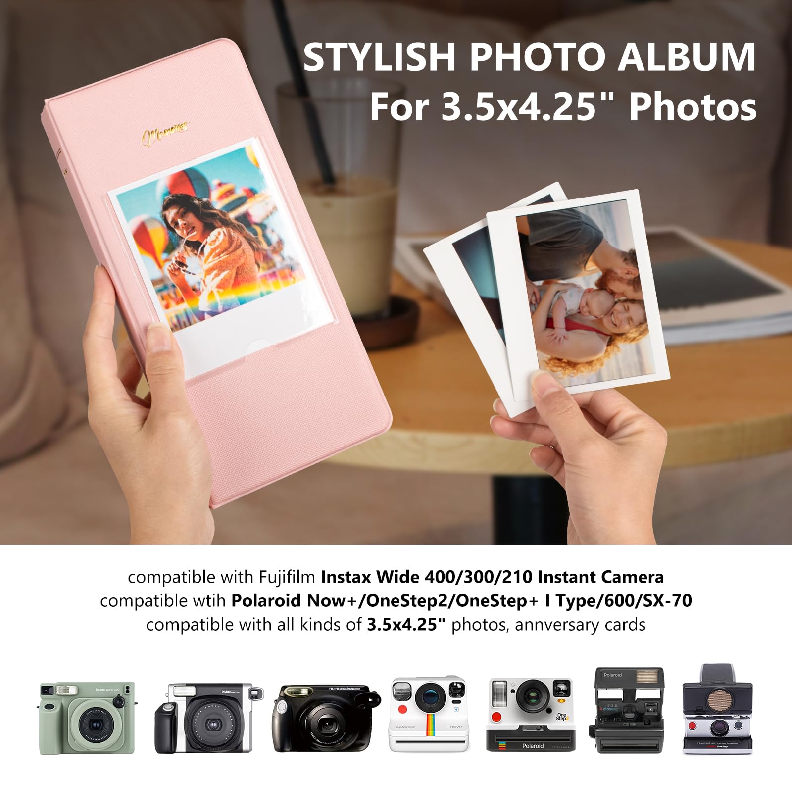 Album photo à 64 pochettes pour Fujifilm Instax WIDE 400/WIDE EVO, livre photo en cuir PU pour Instax Wide 300/210/200/Polaroid 600 i-Type Photo – Album photo 8,9 x 10,9 cm – Rose