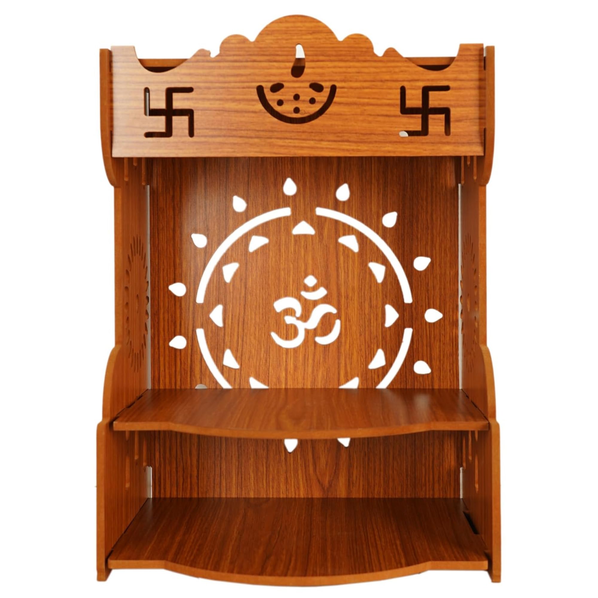 AR ART Wooden Polished Temple Om Saathiya Design Temple for Home and Office Puja Mandir for Home Wall Mounted (L-10.50, W-8.25, H-14.25 Inch) (Light Brown) Style_47