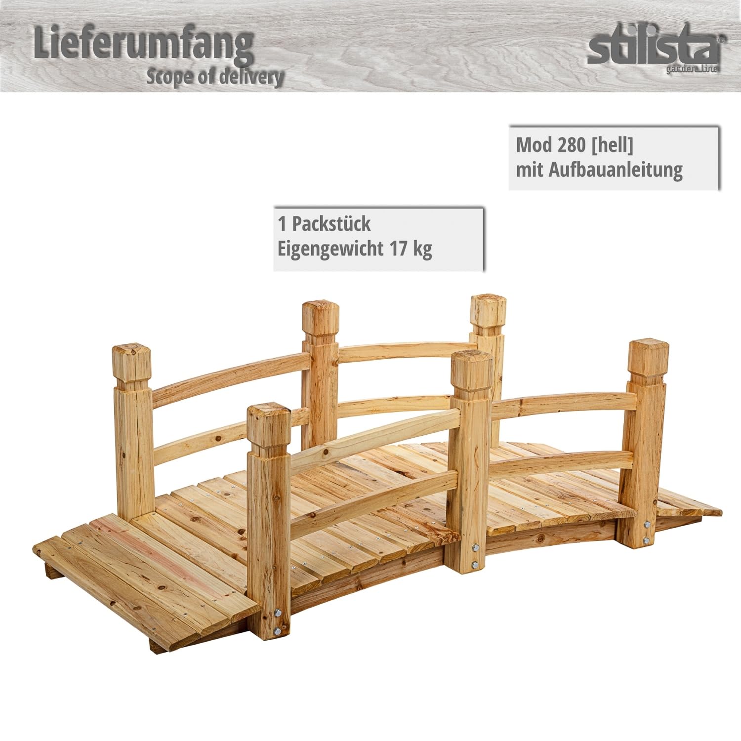 STILISTA Pont en Bois avec Balustrade 150 x 65 x 53 cm, huilé, Charge maximale 150 kg, Choix de Couleurs, Brun Clair
