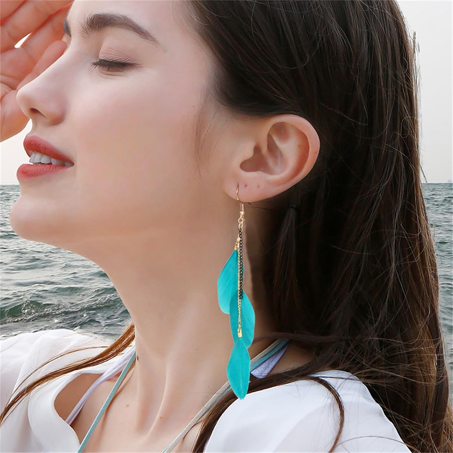 Bohemian Colorful Feather Earrings for Women Ethnic Retro Bohemian Long Chain Feather Earrings Vacation Handmade Vintage Multicolor Tassel Feather Earrings Lightweight Feather Drop Dangle Earrings Jewelry Gift (Turquoise) - Image 2