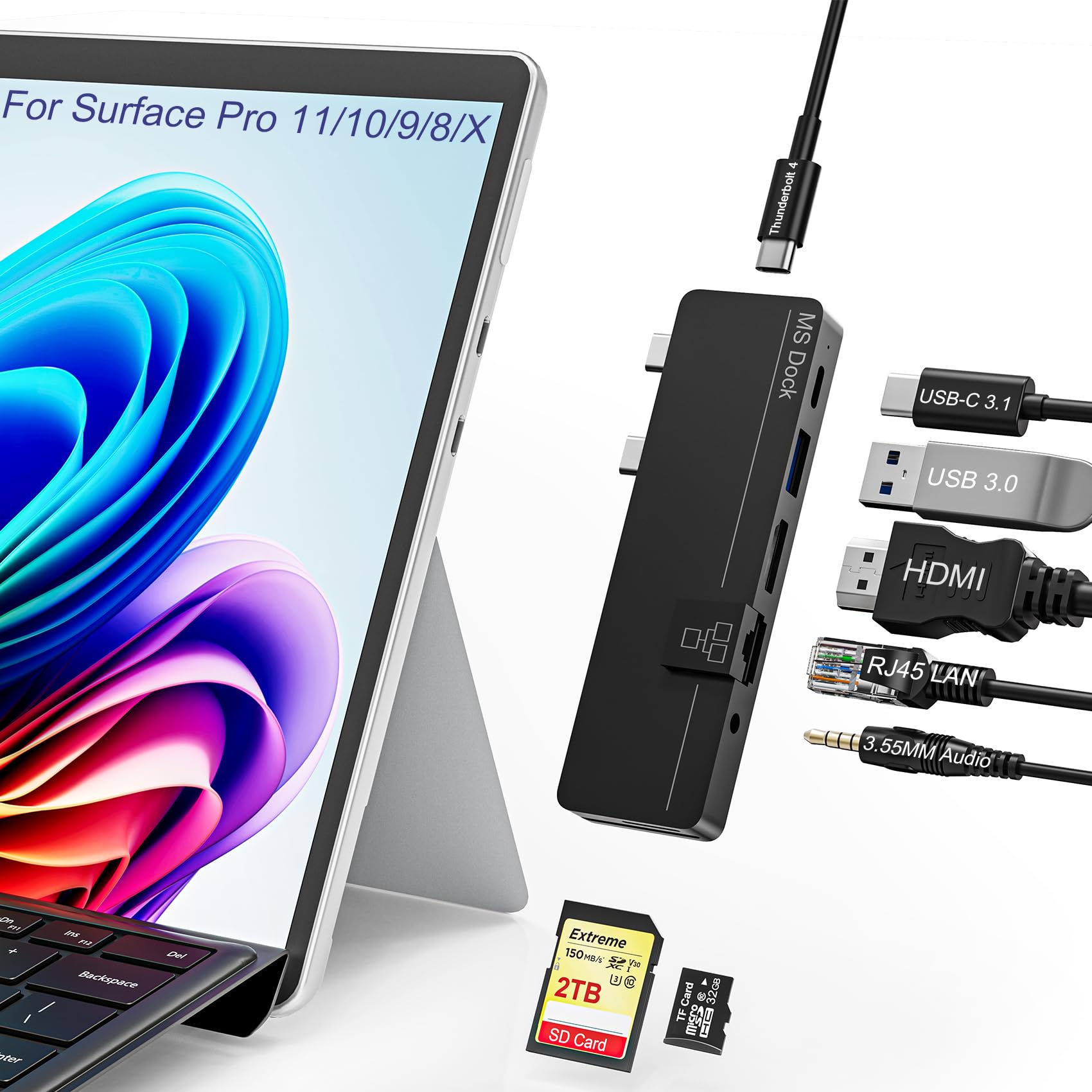 USB C Hub pour Surface Pro 11/10/9/8/X, Surface Pro 11 adaptateur avec USB C Thunerbolt 4 (8K Video +40 Gbps Data+100W PD), Port HDMI, 100M Ethernet, 1*USB 3.0, 1*Type-C, 3.5mm Audio, Fente pour carte