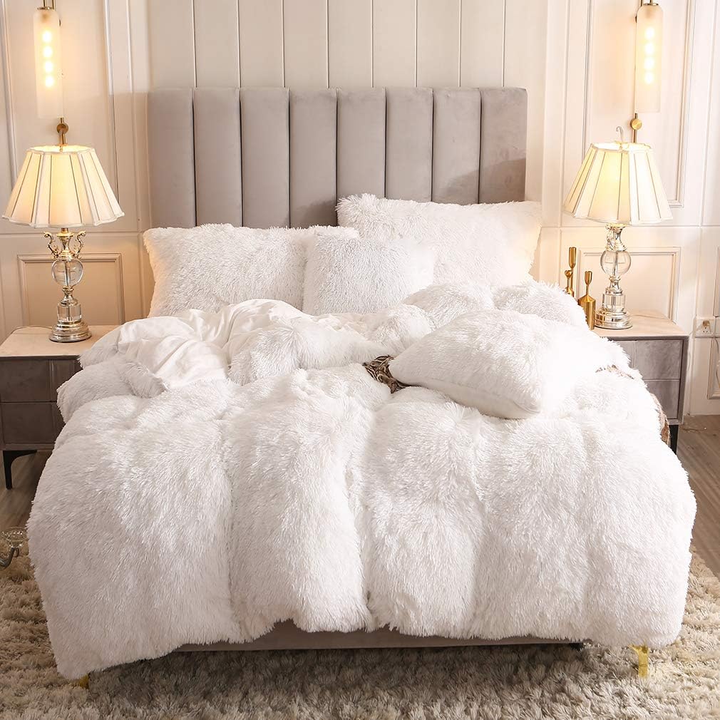Uhamho Faux Fur Velvet Fluffy Bedding Duvet Cover Set Down Comforter Quilt Cover with Pillow Shams, Ultra Soft Warm (White, King)