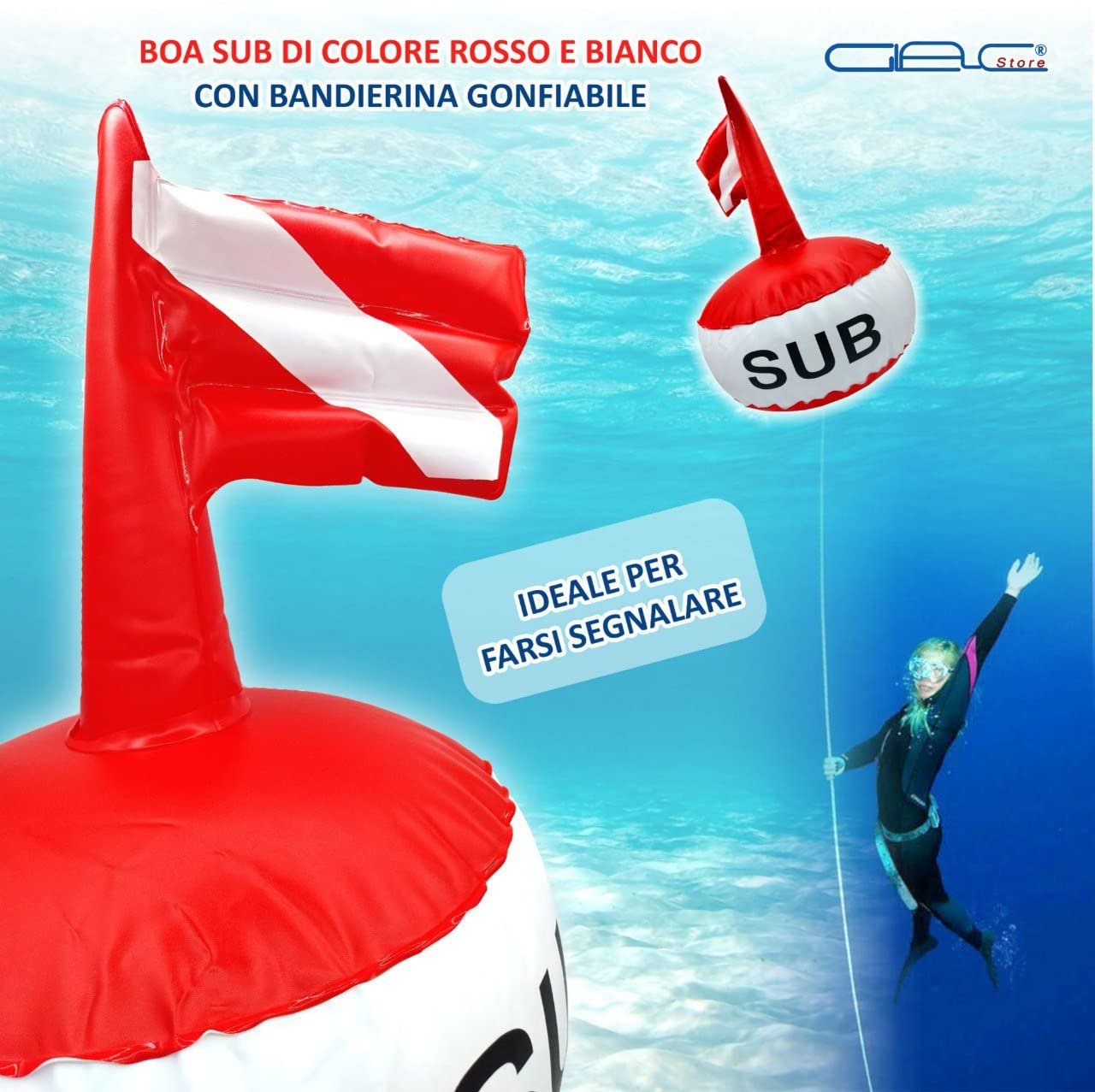 Boa Sub di Segnalazione Grande Alta 63 cm Diametro 37 cm con Bandiera Rossa e Bianco Fondo Zavorrabile