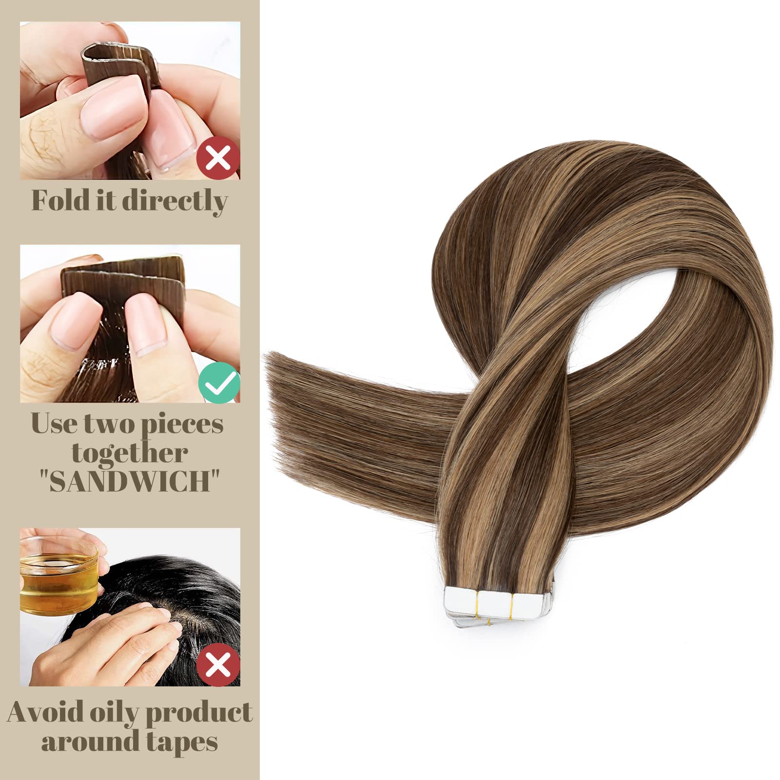 12"(30cm) SEGO 10PCS Extensiones Adhesivas Naturales Pelo Humano sin Clip [#4/27 Castaño Chocolate/Rubio Oscuro] Cabello 100% Remy Liso Balayage Tape in Human Hair (20g) — view 6