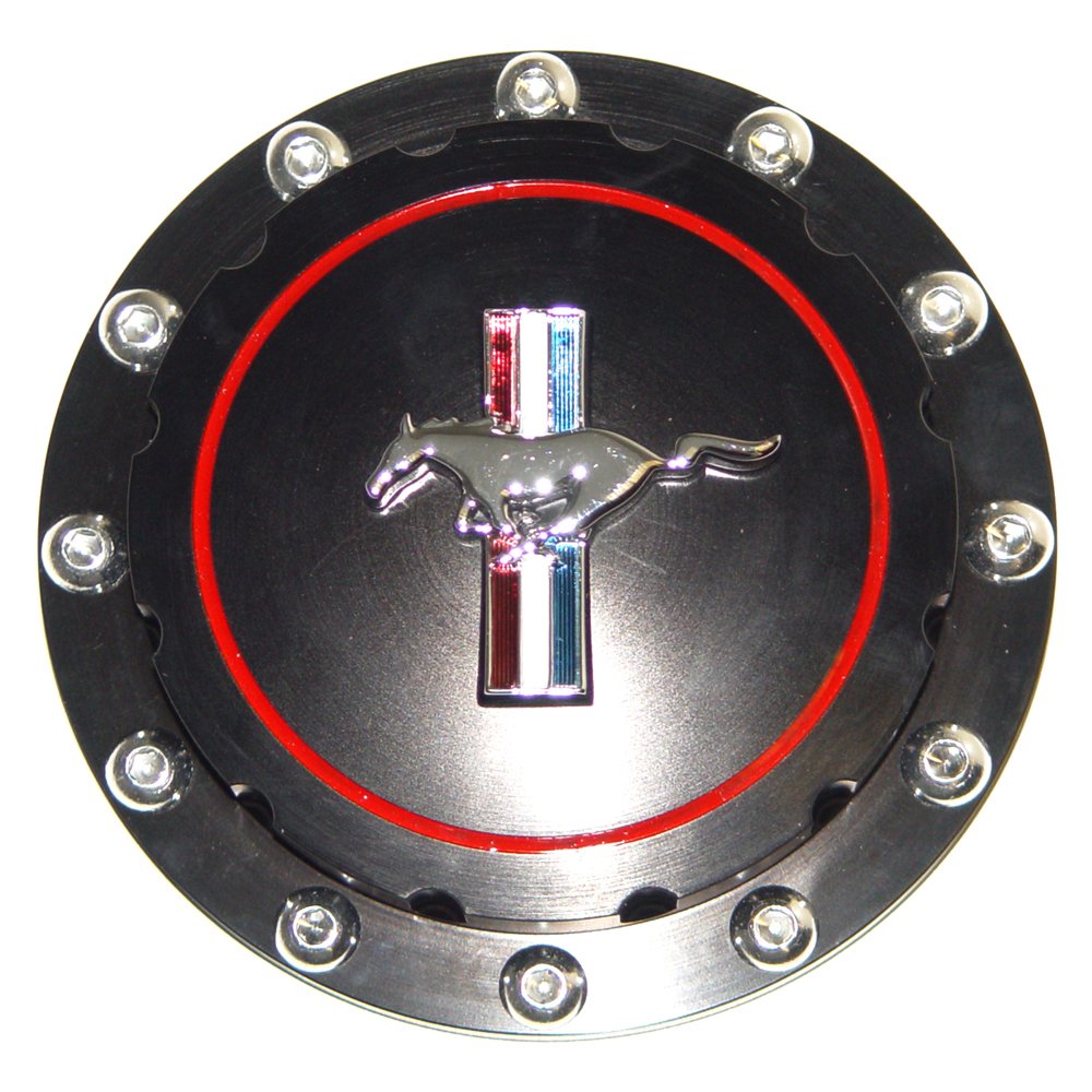 Scott Drake Billet Aluminum Gas Cap Featuring Official Ford Running Pony Emblem in a Black Anodized Finish, Compatible with 1964-1973 Ford Mustang, Model B-9030-H-BK
