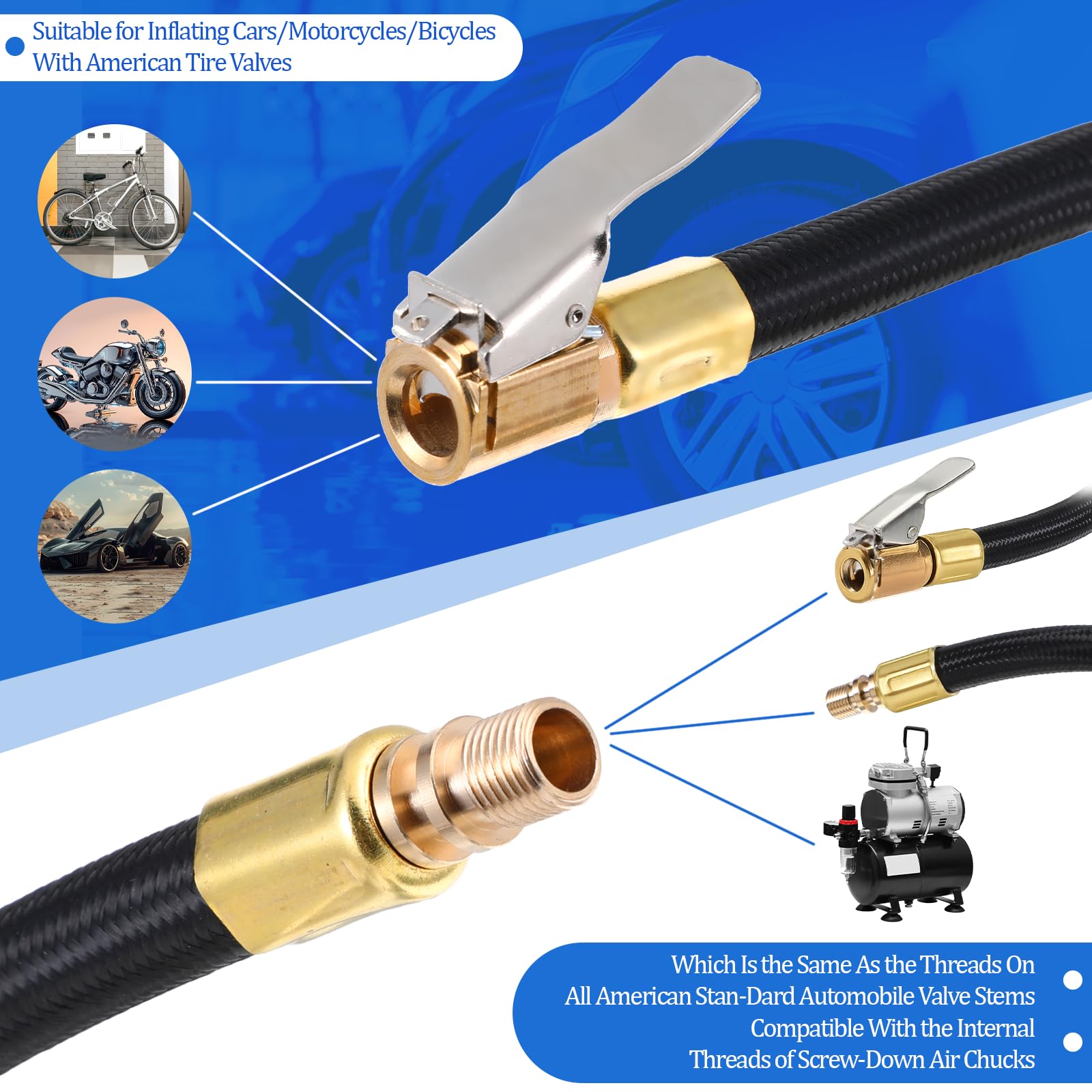 Adapter węża do pompowania opon, 35cm Inflator Pompka Wąż Adapter węża powietrznego Przedłużacz wentylu do wentylu samochodowego Pompka, Rower, Motocykl, Opony samochodowe, Pompka
