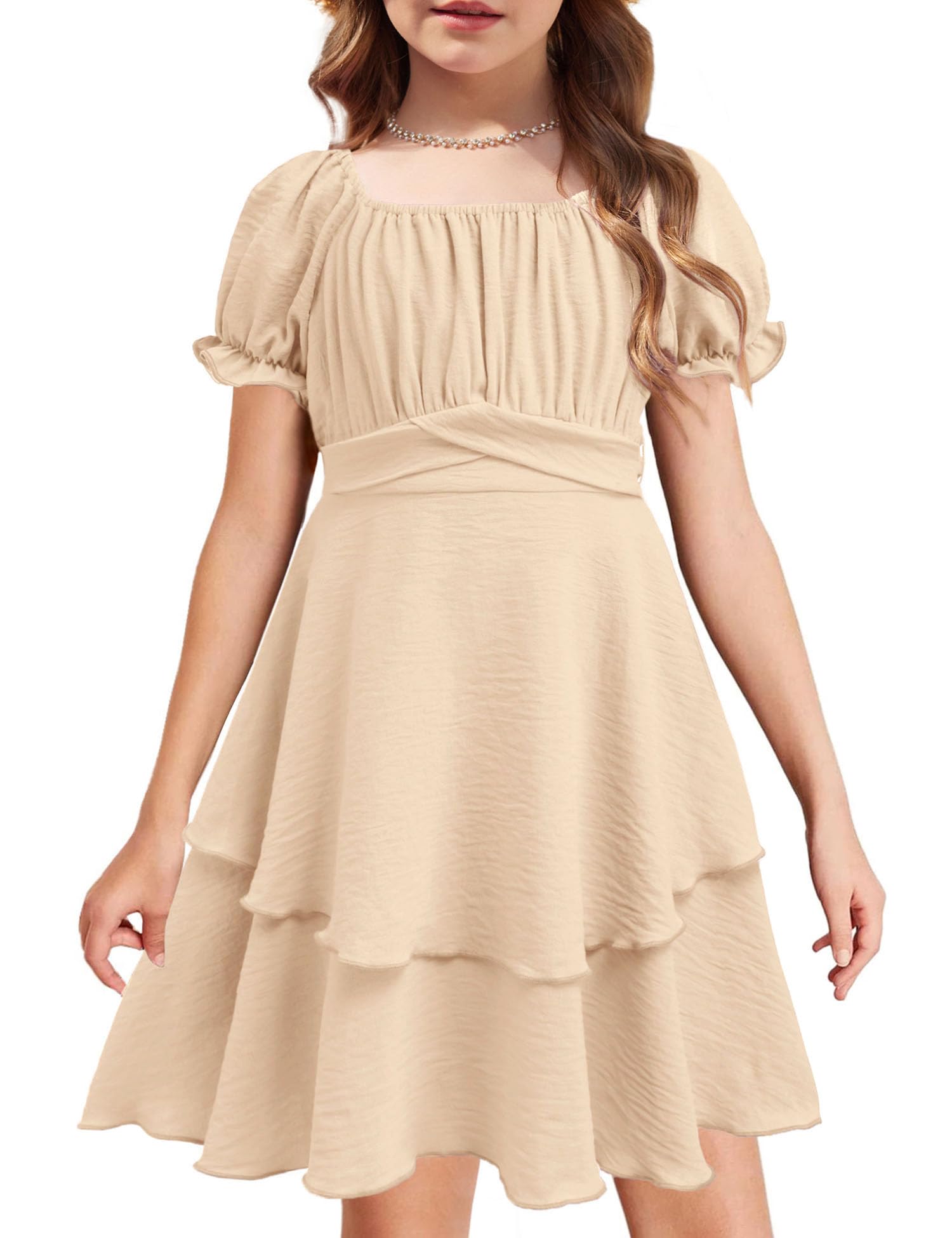 Arshiner Girls Dress Summer Off Shoulder Puff Sleeve Ruffle Tiered Layer Party Dresses