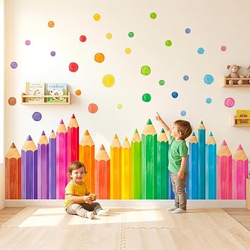 DECOWALL Extra Large Colored Pencil Wall Decals Giant Rainbow Crayon Border Stickers for Classroom, Kids Bedroom, Nursery & Playroom Decor SG4-2522