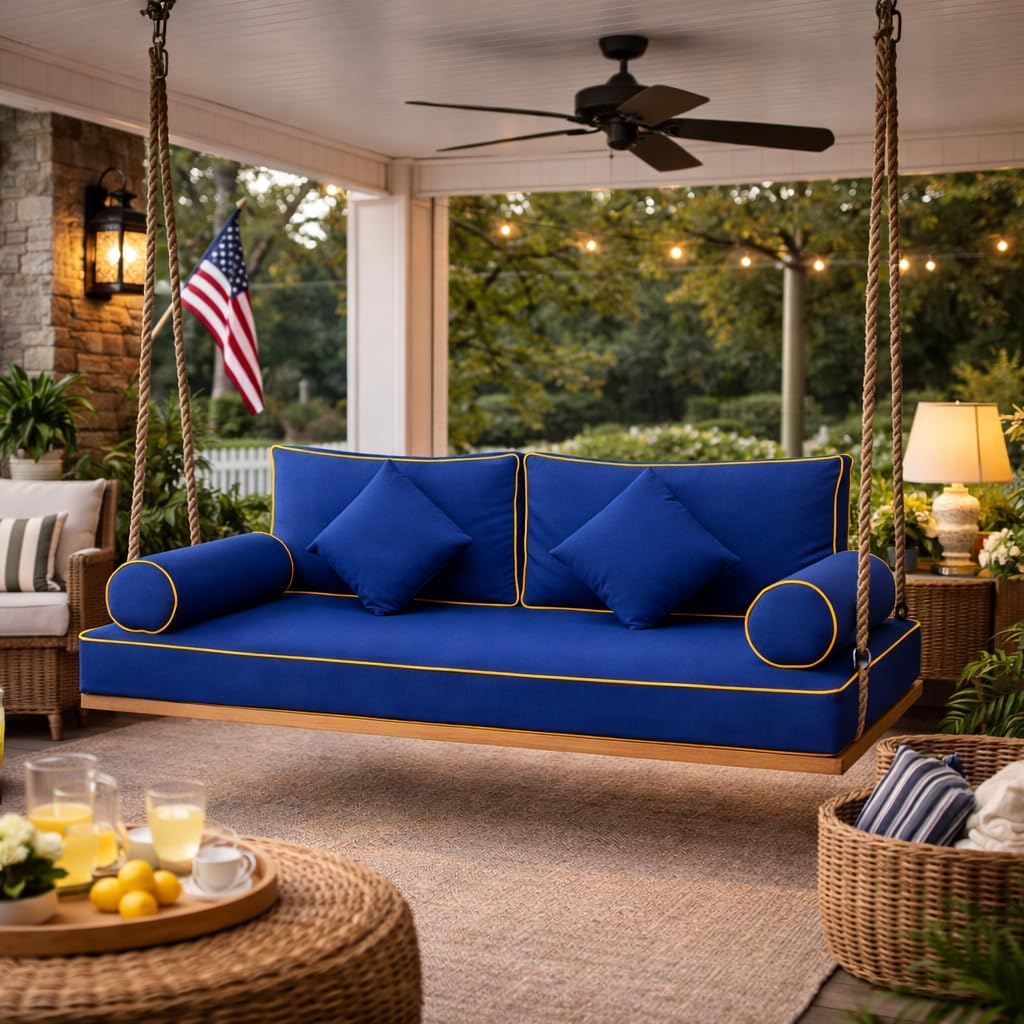 Outdoor Daybed Cushion Twin Set, 7-Piece Water-Repellent Patio Swing Bed Mattress with Bolster & Back Pillows, Fade-Resistant Cushions, 75" x 39" x 6" Navy Blue