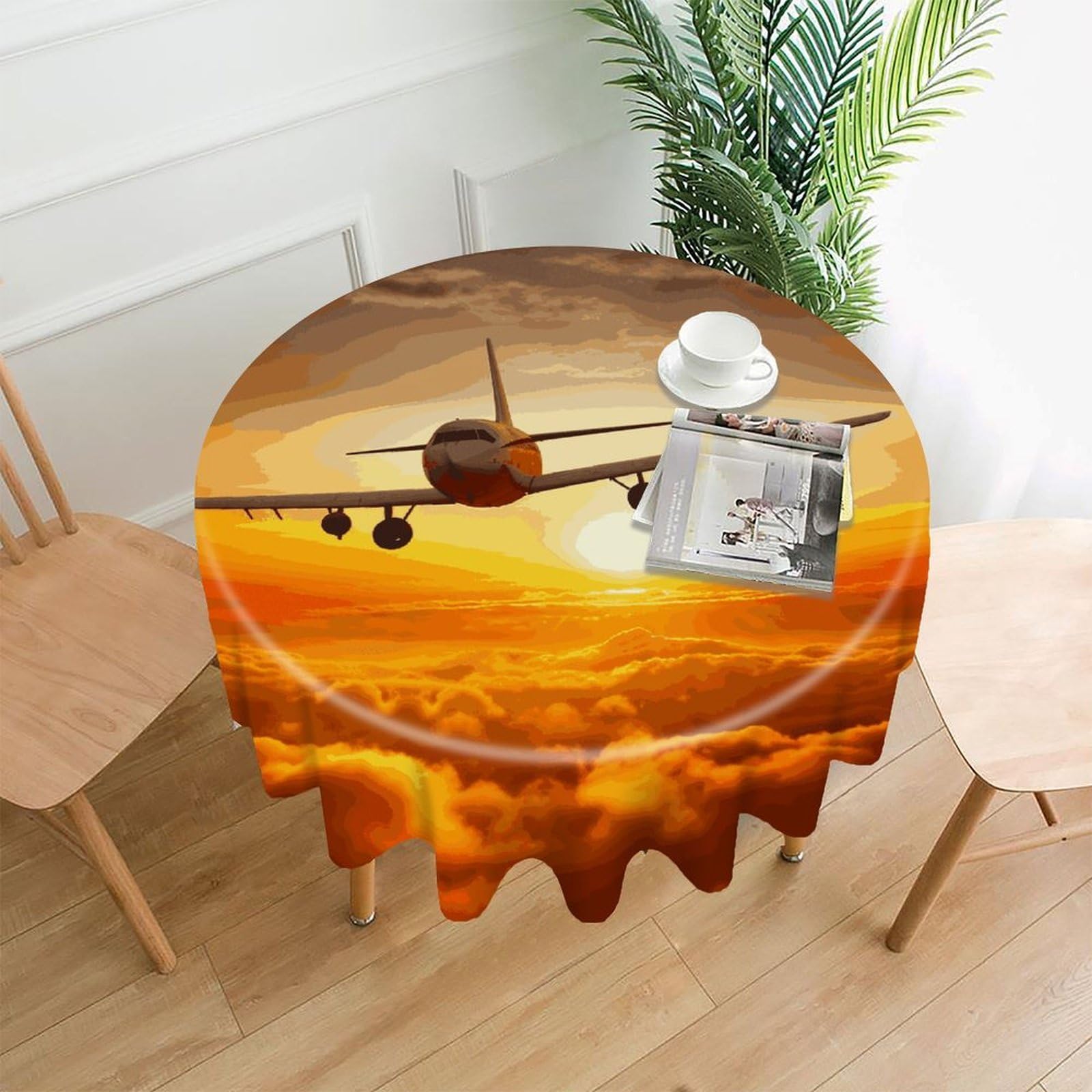 FekiLoot Aircraft Plane at Sunset Round Tablecloth Cover 60 Inch Wrinkle Free Washable Polyester Fabric Table Cover Decorative Round Table Cloth for Home Dining Kitchen Party Farmhouse