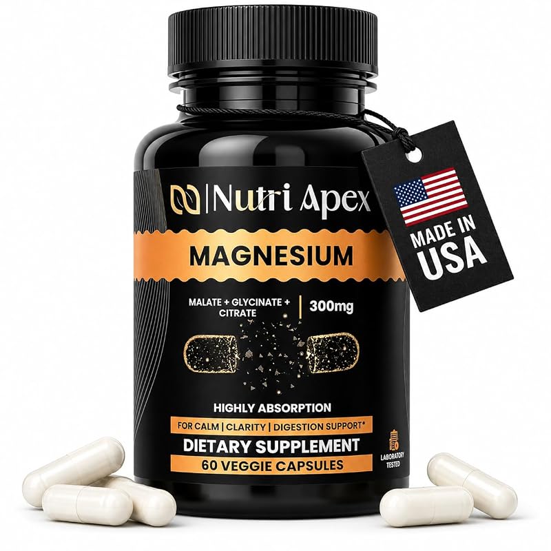 Nutri Apex Suplemento de Magnésio Complexo Triplo com Glicinato, Malato e Citrato 300 mg, 60 cápsulas vegetais