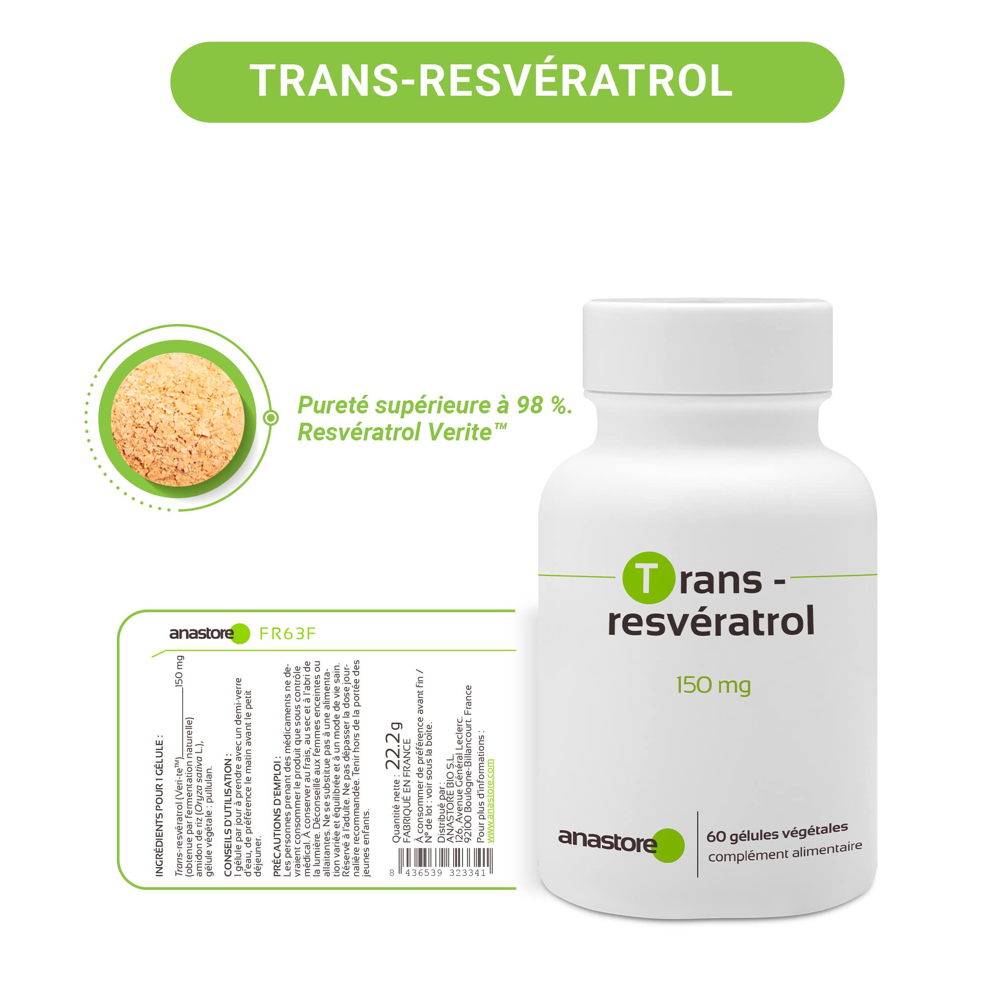 Trans-Resvératrol * 60 capsules végétales * Antioxydant avec forte capacité d’absorption * Anti-vieillissement + Santé Cardiovasculaire + Neuroprotecteur *