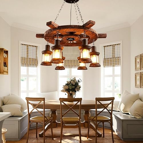 Miniatura 2 de Lámpara colgante de madera industrial de 6 luces, candelabro colgante antiguo de madera con rueda de barco, pantalla de vidrio de metal E26, lámpara