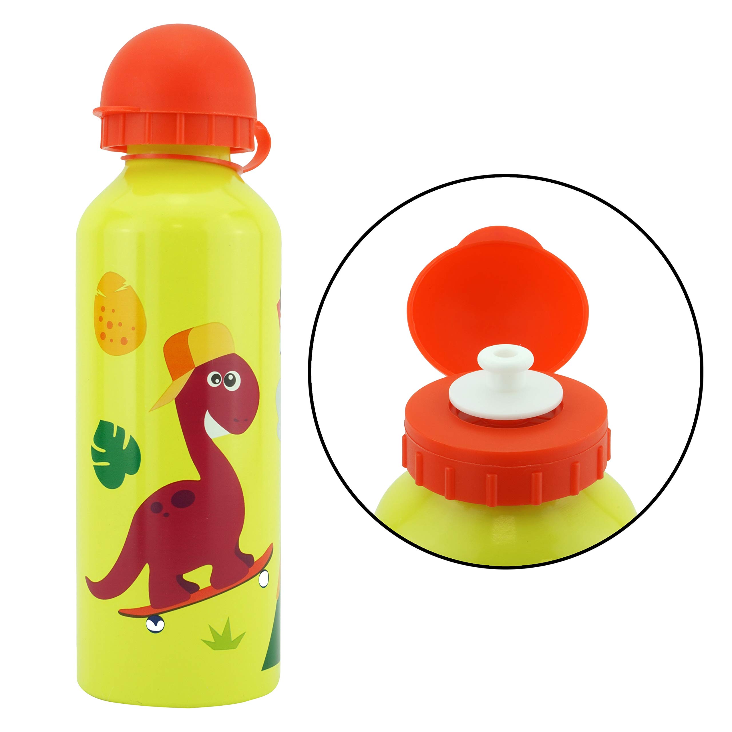 SRV Hub 500ml Crazy Dino Yellow Kids Water Bottle - Eco-Friendly, Durable, BPA-Free & Leakproof Aluminium Flask for School, Travel, Picnics, Hiking & Camping - Perfect for Boys & Girls 3+ Years