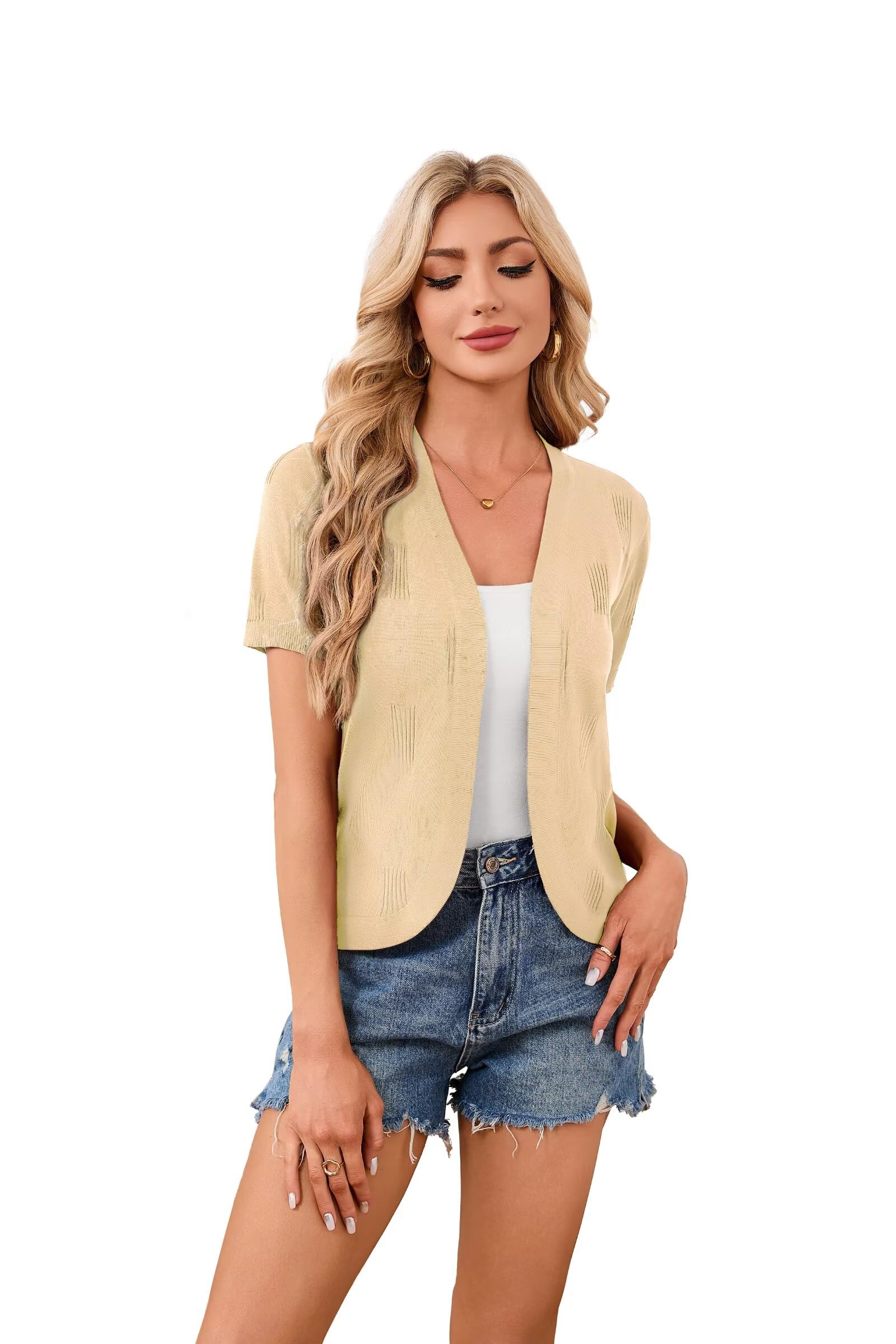 Cardigan estivo da donna, a maniche corte, elegante, scollo a V, corto, leggero, traspirante, aperto, a maniche lunghe, estivo, bolero, S-2XL