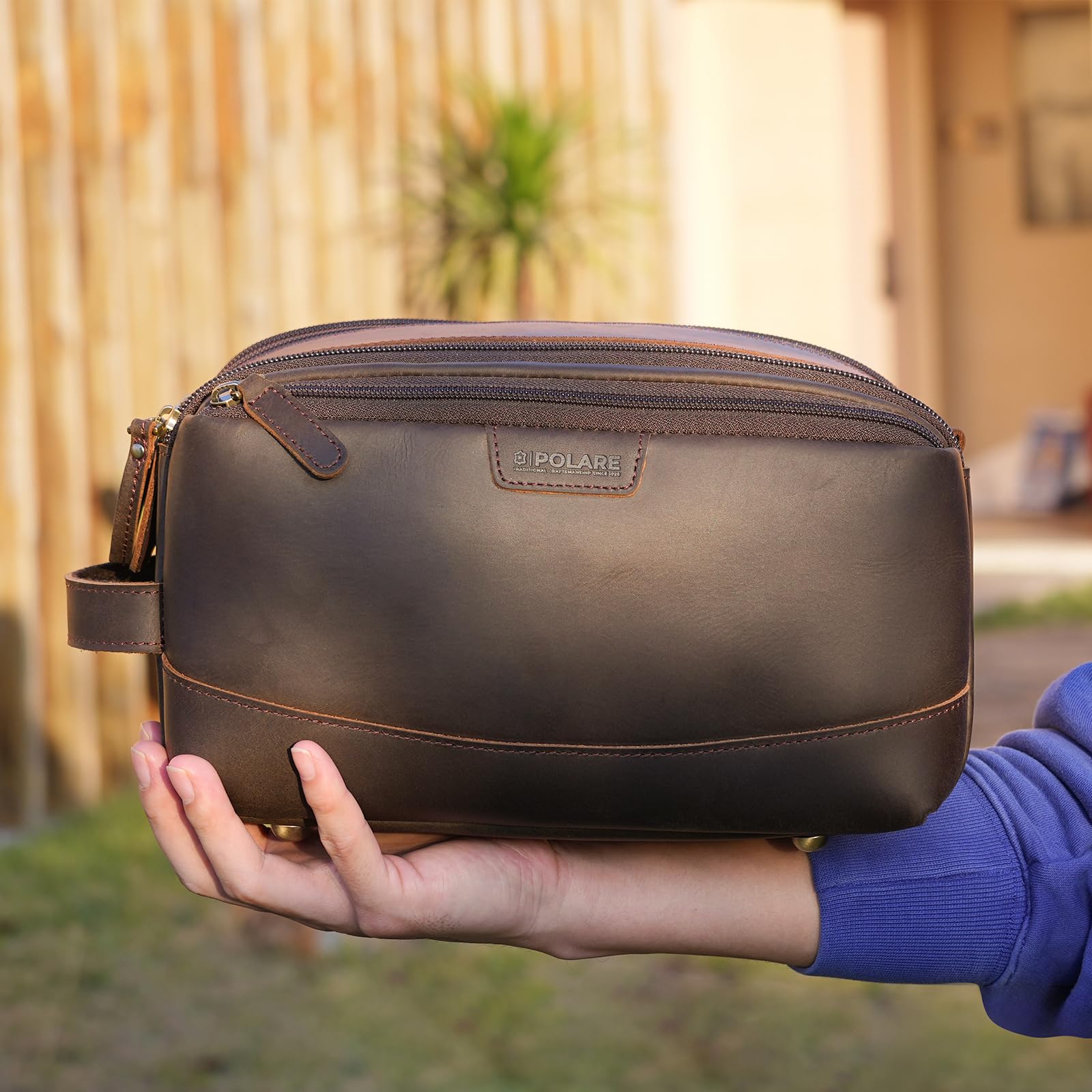 Polare Kosmetyczka ze skóry licowej dla mężczyzn duża podróżna kosmetyczka zestaw do golenia zestaw do golenia z zamkami YKK, Ciemny brąz, retro