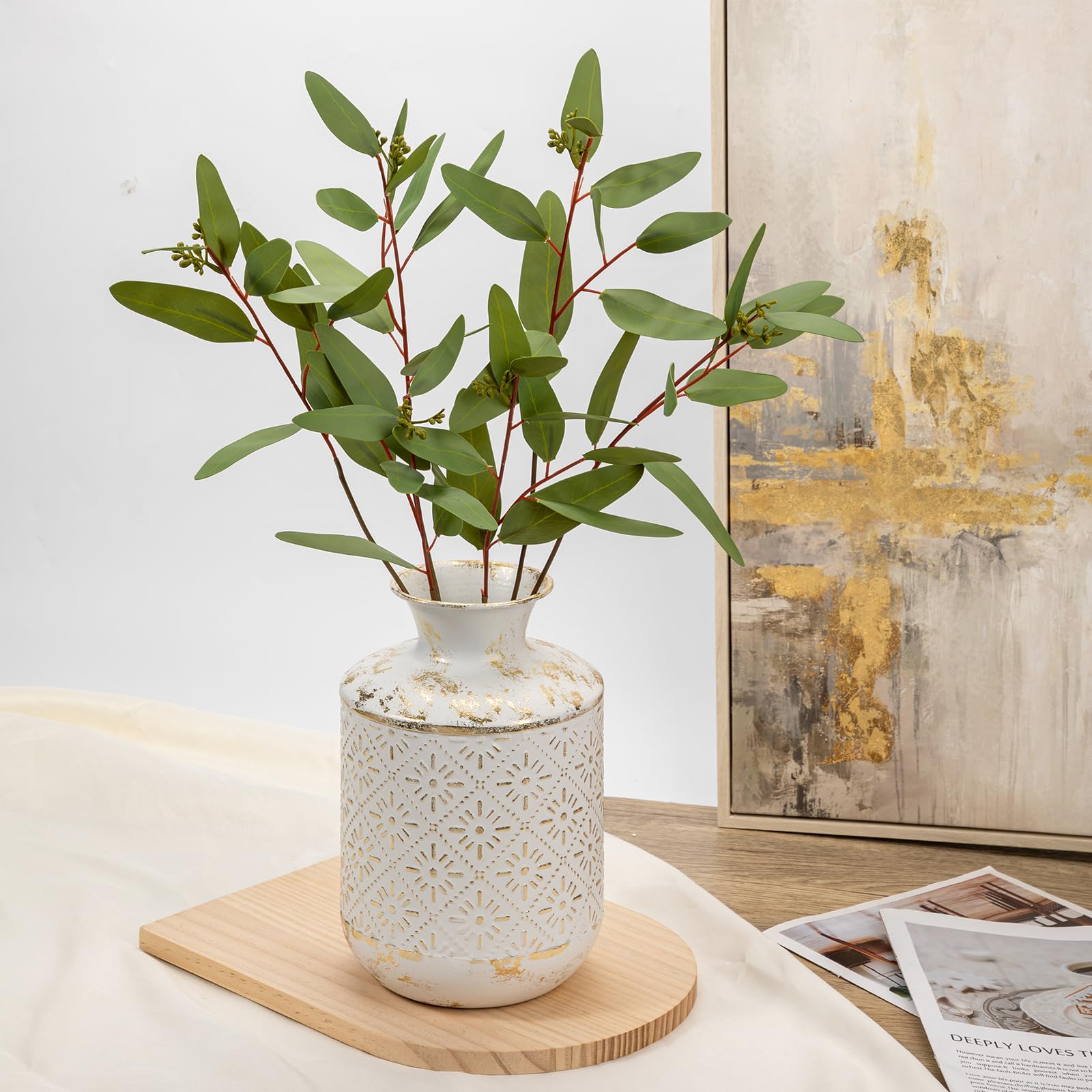 Vase à fleurs, 26 cm de haut, rustique, blanche et dorée, style shabby chic, en métal, vase décoratif pour bouquets, fleurs séchées, table à manger, décoration de bureau