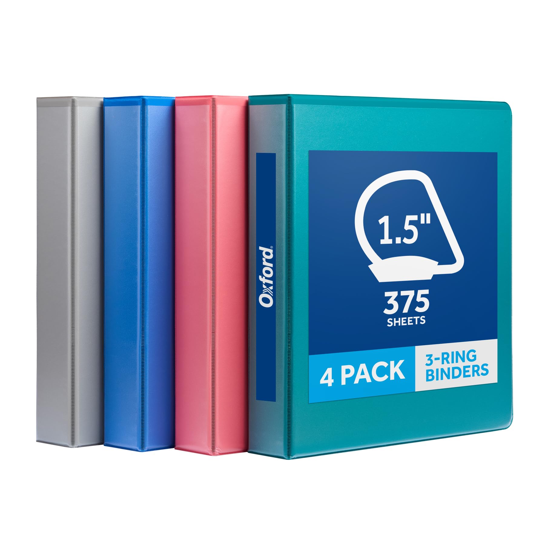Oxford 1.5 Inch 3 Ring Binders, 4 Pack, Assorted Colors, Holds 375 Sheets