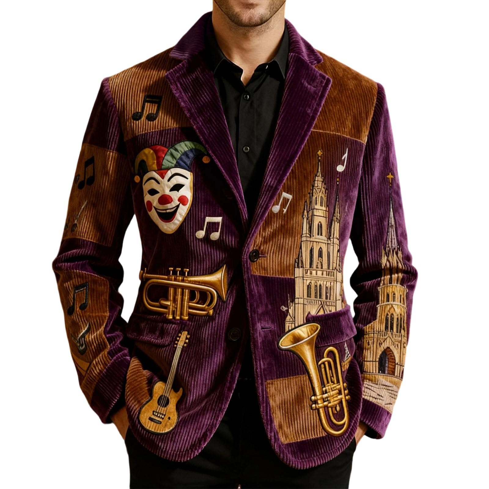 RUMAOZIA Men's Jacket Carnival Costume Clown Print Suit Jackets with Buttons Corduroy Jacket Sequins Design Men's Cord Blazer Colourful Striped Vintage Circus Cord Jacket for Fancy Dress Theme Party
