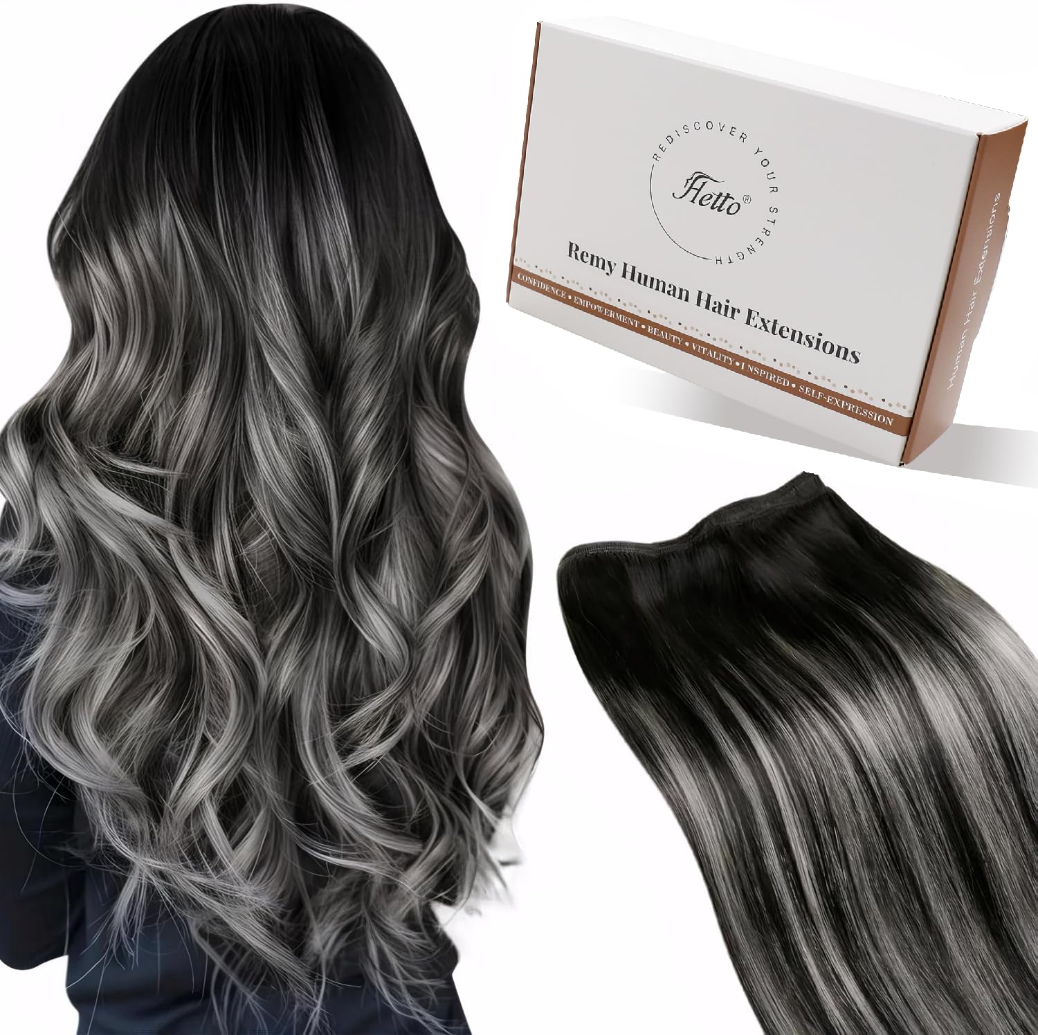 Hetto Weft Hair Extensions Real Human Hair Balayage Black Ombre Silver, Brazilian Virgin Weft Human Hair Sew in Extensions