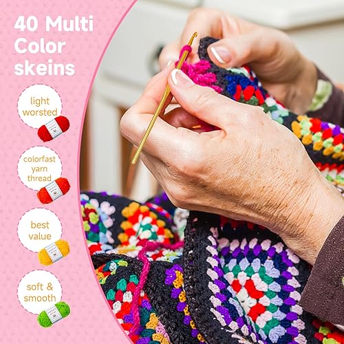 Miniatura 5 de Inscraft - Juego de 40 madejas de hilo acrílico, 1,499.3ft, con bolsa de lona reutilizable, incluye 6 libros electrónicos, 2 ganchos de ganchillo, 2