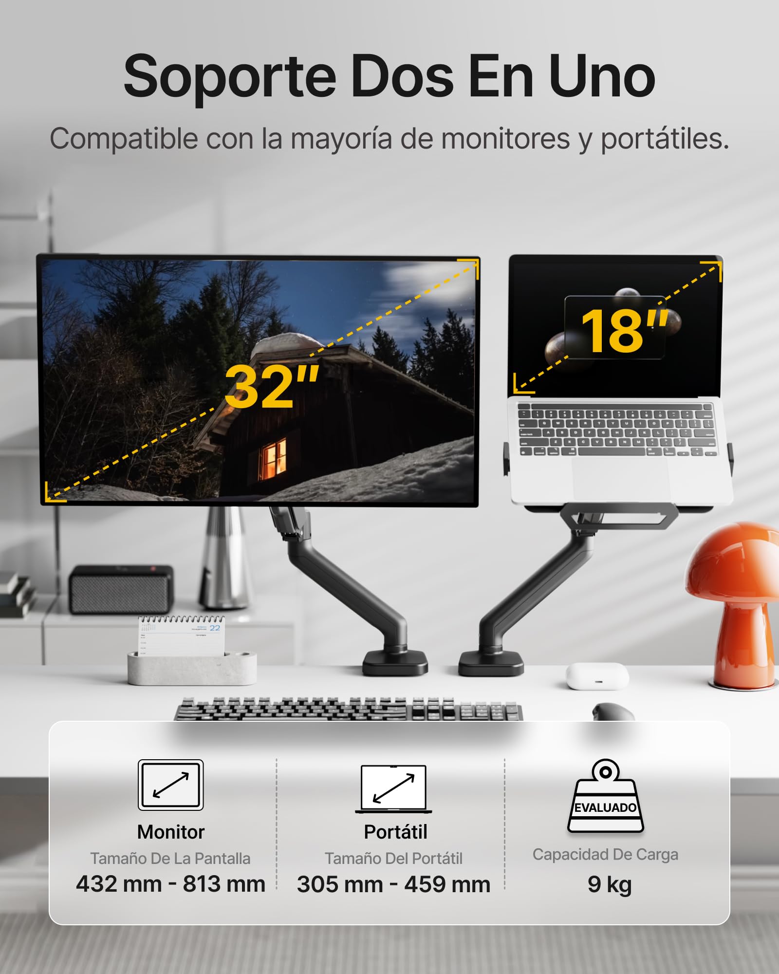monTEK Soporte 2en1 Monitor 17-32" Portátil 12-18", VESA 75/100 | Brazo ajustable ergonómico con abrazadera y pasacables, montaje sencillo, ahorra espacio ideal para oficina y hogar