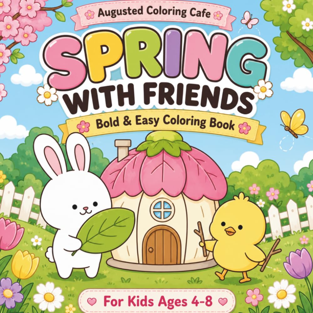 Spring With Friends:: Fun & Easy Coloring Book for Kids Ages 4–8 | 40 Adorable Moments of a bunny and chick exploring Springtime Scenes Together | Vol. 1