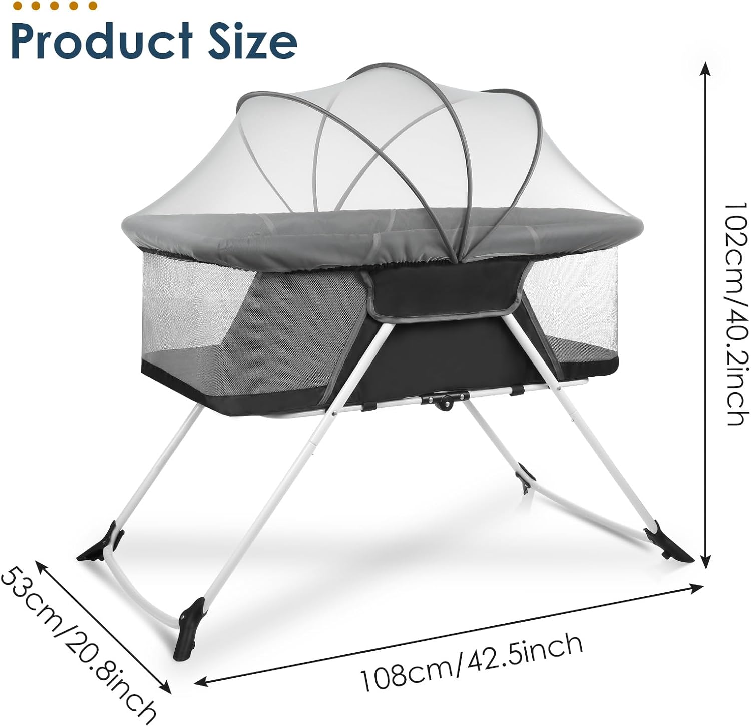 Portable Baby Bassinet - Foldable Bedside Bassinet, Lightweight Playpen with Mosquito Net, 42.5 x 40.2 x 20.8 inches, Black