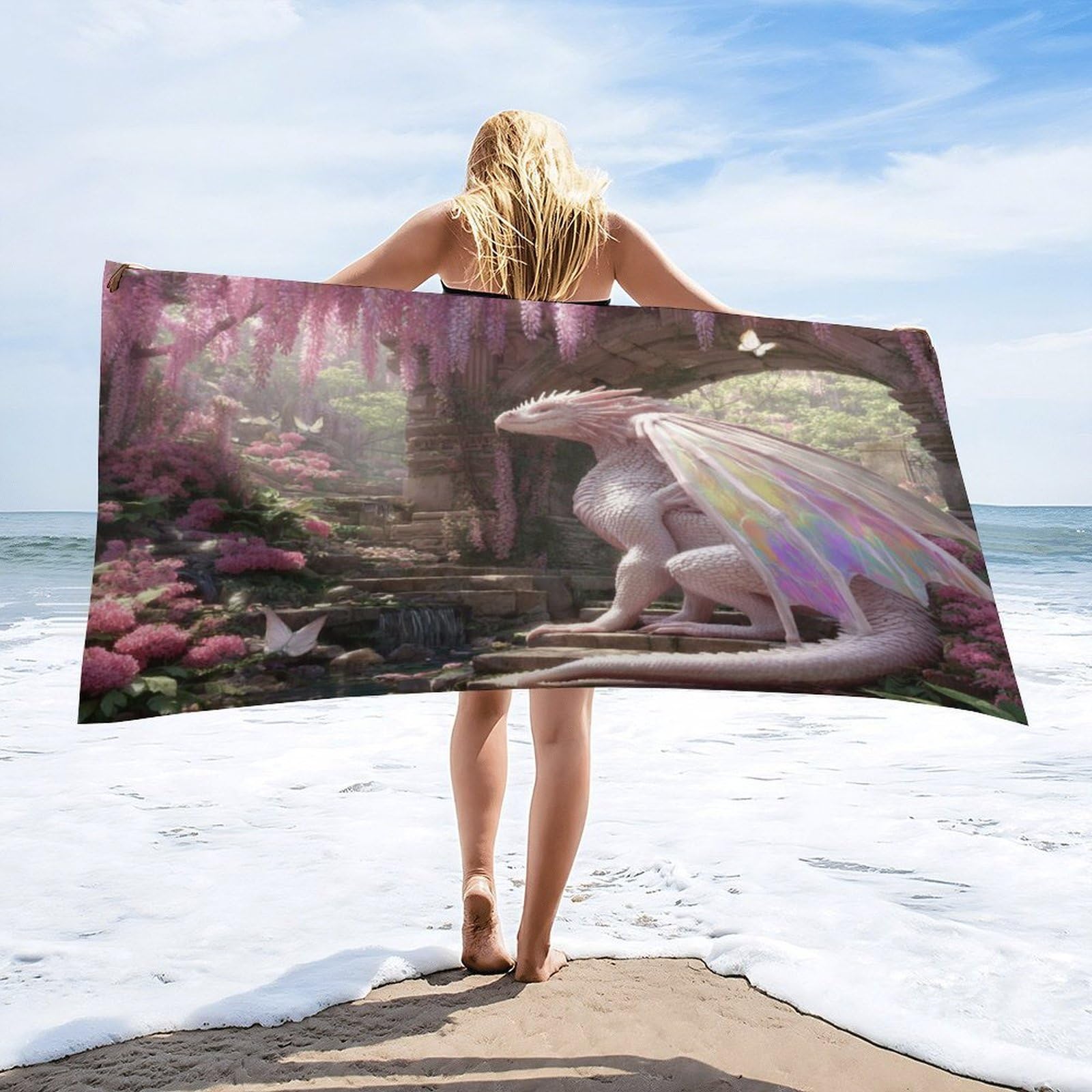 Luyysky Rustic Fantasy Elegant Dragon Quick-Drying Beach Towel, Oil Painting Spring Garden Mythical Animal Dragon Lilacs Flowers Travel Vacation Single Sided Pile Bathroom Towels-80 W Cm X 160" L Cm