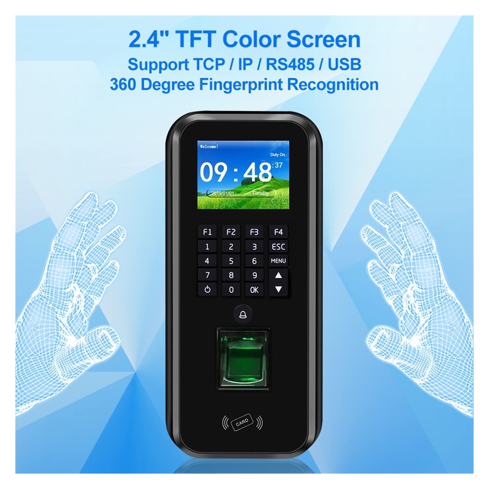 Horloge de pointage pour les petites entreprises, Rfid Système de contrôle d'accès Realand 2.4inch TCP / IP / RS485 Enregistreur d'enregistrement des employés de l'employé d'empreintes digitales biomé
