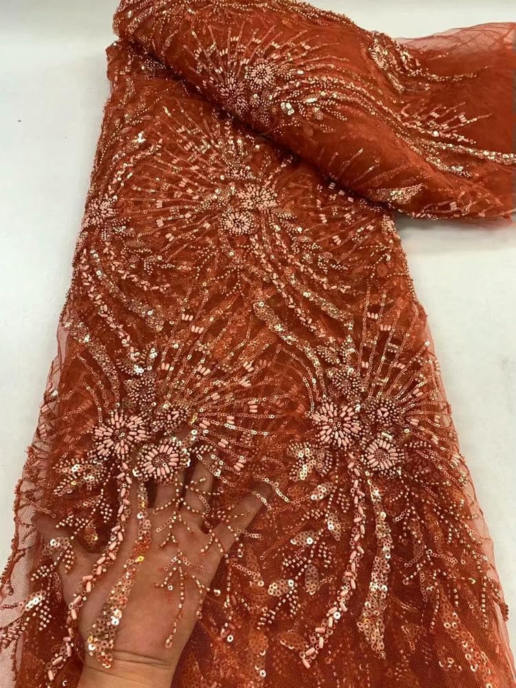 Tela de Encaje Verde con Cuentas, Encaje nigeriano, Tela con Cuentas Color Naranja Quemado para Bodas