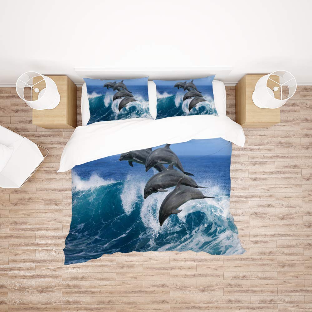 Housse de couette dauphin parure de lit king pour decoration de chambre theme ocean et nature