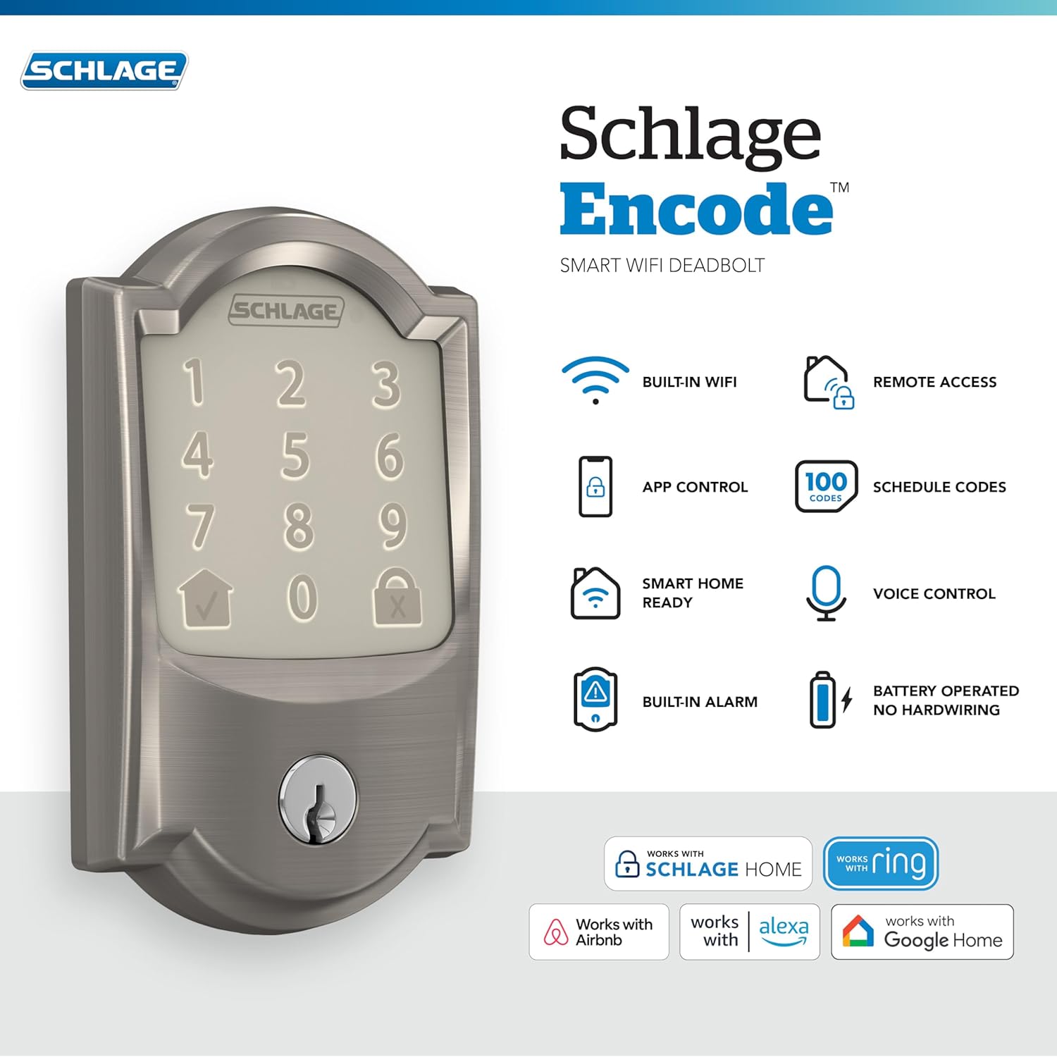 Schlage Encode Smart Wi-Fi Deadbolt Lock with Touchscreen Keypad, Keyless Front Door Entry, App Control, Alexa, Google Home and Airbnb Compatible, Satin Nickel, BE489WB CAM 619