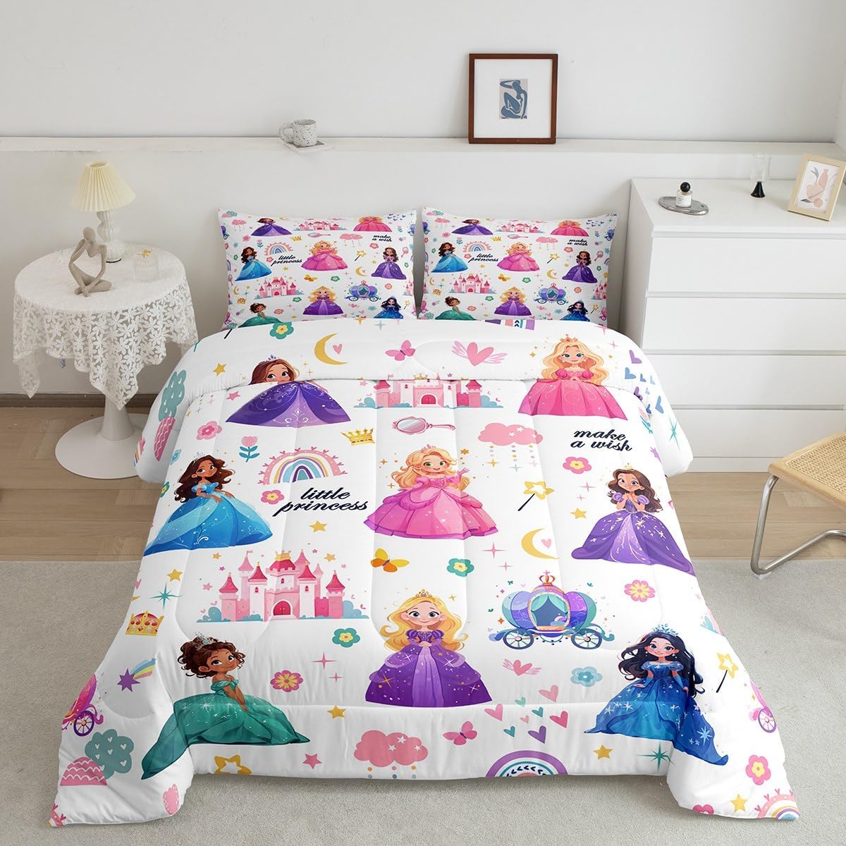 jejeloiu Cute Princess Bedding Set Twin Size Castle Comforter Set for Kids Teens Adults Fairy Dreamy Duvet Quilt Rainbow Flower Room Decor 2Pcs with 1 Pillow Case All Season Soft