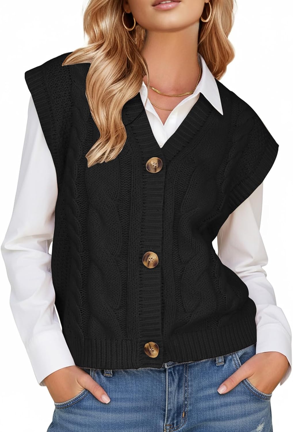 EXLURA Women's Fall Fashion Sweaters Vest Tops Sleeveless Button Down V Neck Chunky Cable Knit Cardigan Trendy Outfits 2025