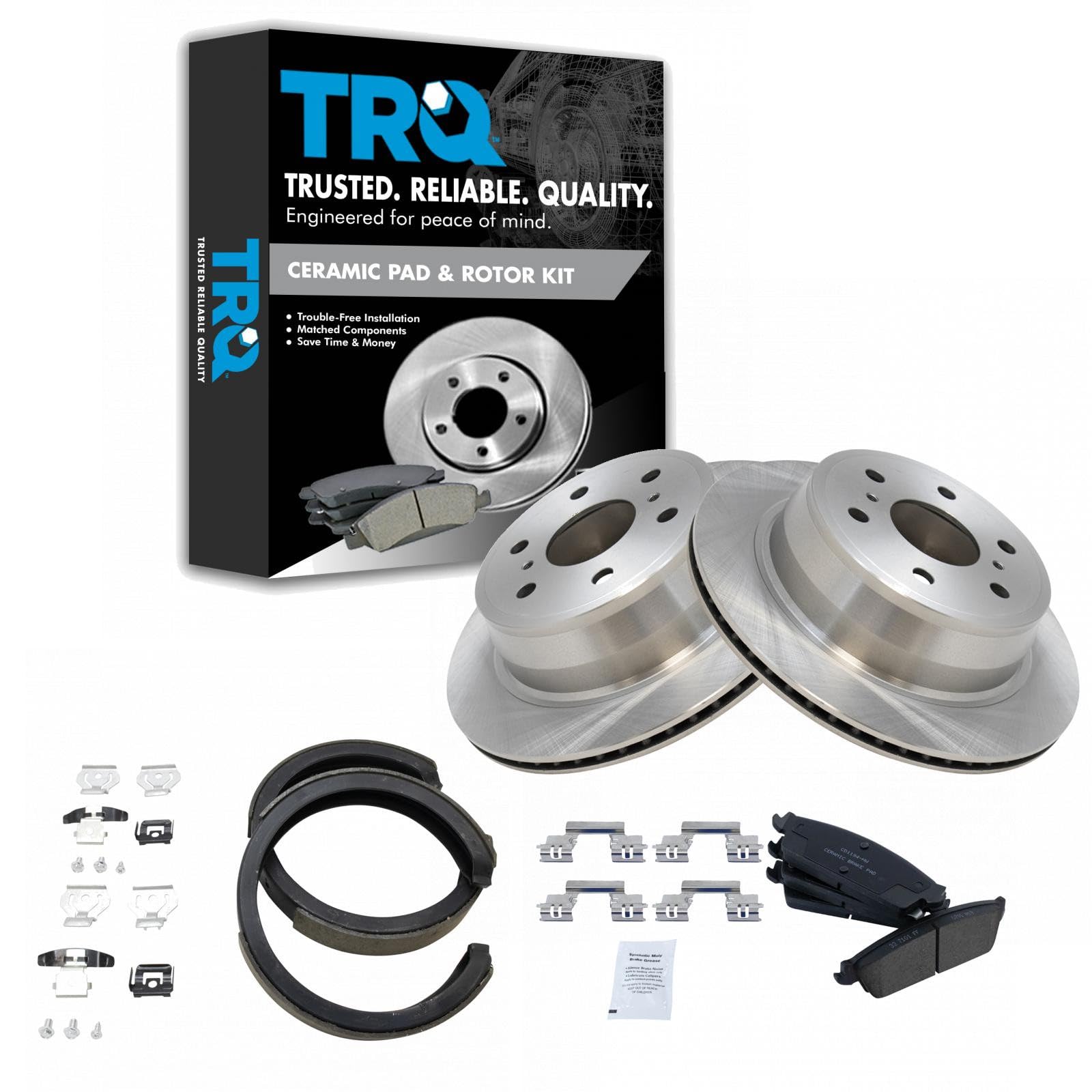 TRQ Rear Brake Pad &amp; Rotor Set Ceramic Parking Shoes Compatible with 2007-2014 Chevrolet Silverado Tahoe Suburban 1500 Avalanche 2007-2013 GMC Sierra Yukon XL 1500 2007-2010 Cadillac Escalade ESV EXT