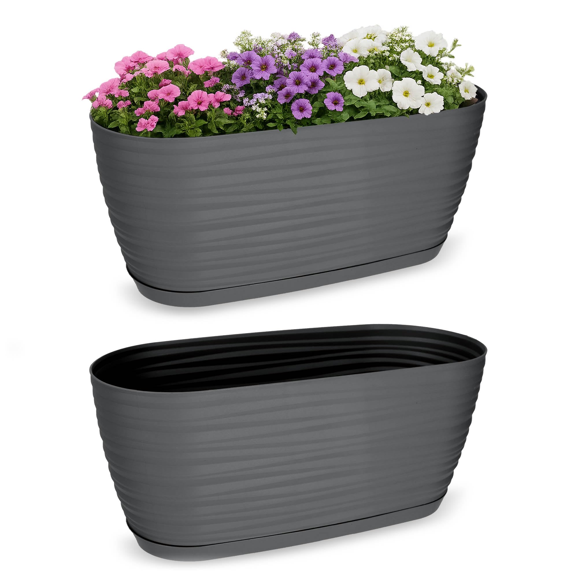 KADAX Blumentopf mit Untersetzer, Blumenkübel, Pflanzkübel für Innen, Leichter Pflanztopf aus Kunststoff, Übertopf für Blumen, Pflanzen, Haus, Zimmer, Pflanzgefäß (27cm, anthrazit)