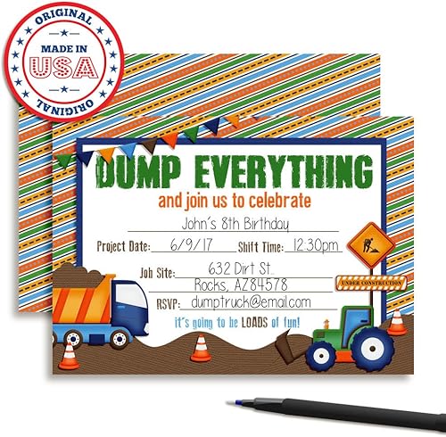 Miniatura 3 de Dump Everything Construction Site - Invitaciones para fiestas de cumpleaños, veinte tarjetas de relleno de 5 x 7 pulgadas con 20 sobres blancos de