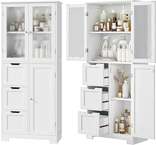 Armario de baño, armario de almacenamiento de despensa con estante y cajones ajustables, armario de almacenamiento alto con puertas de vidrio para