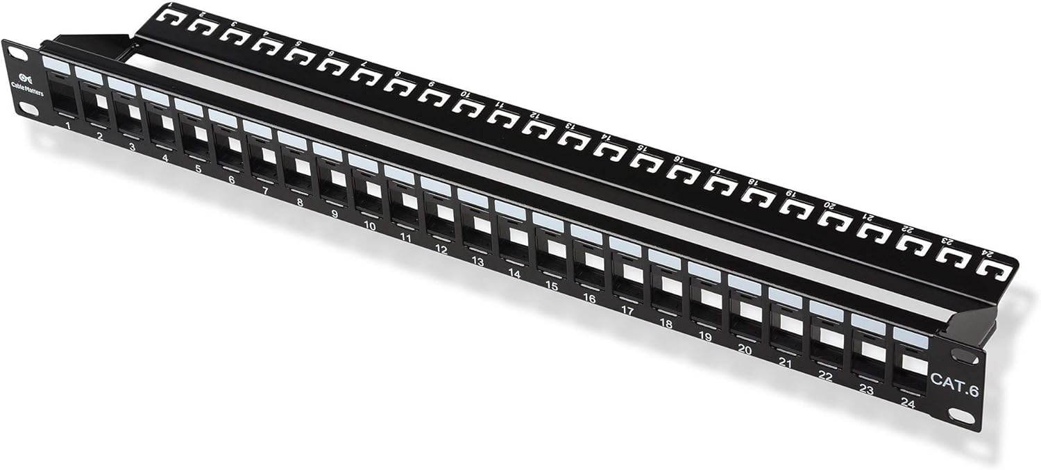 Cable Matters Rack or Wall Mount 24-Port Cat6, Cat 6 Keystone Patch Panel (Blank Patch Panel) & Slim Profile 90 Degree Cat 6 RJ45 Keystone Jack in White