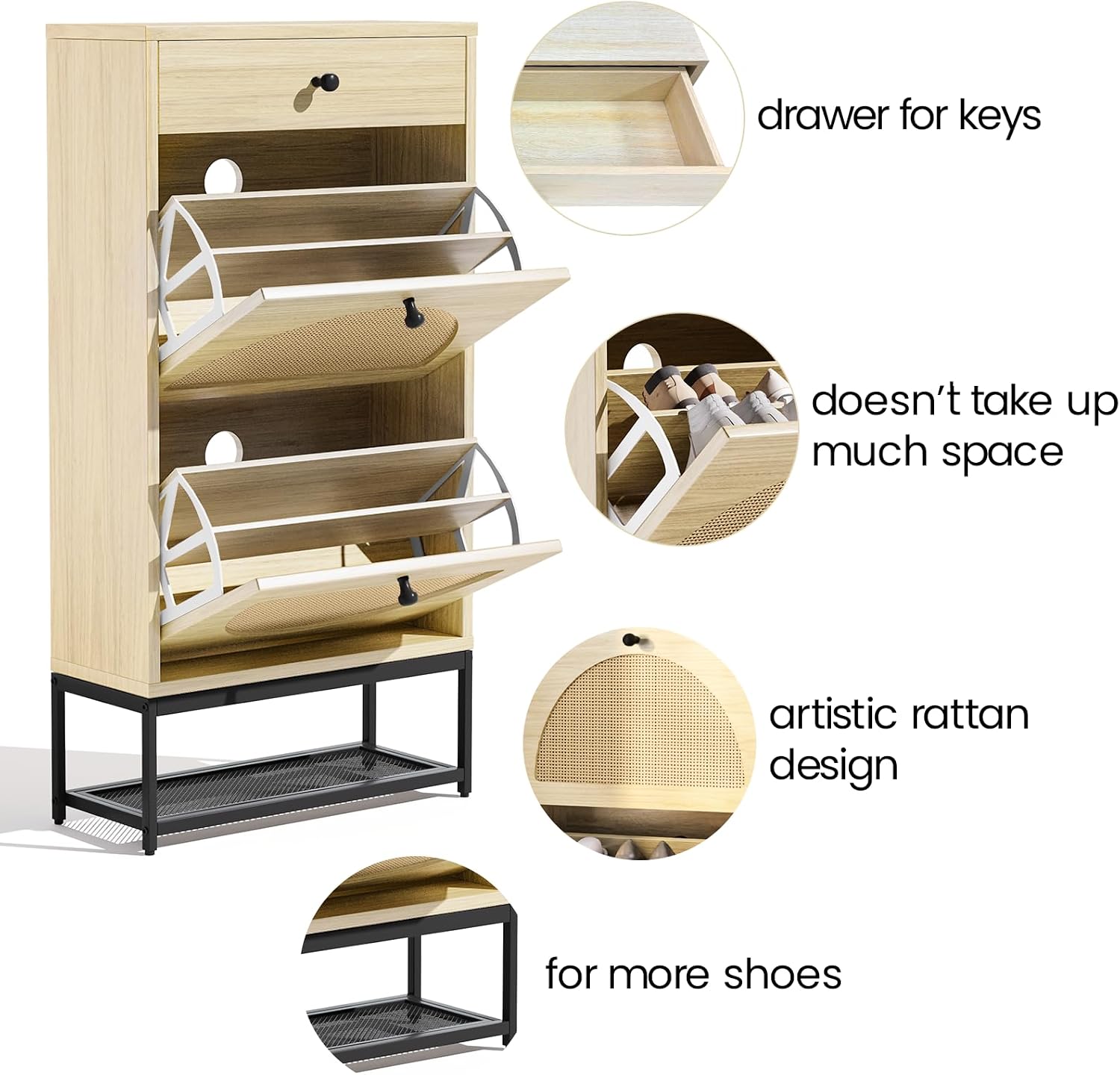 Lamerge Free Standing Shoe Rack, Entryway Organizer with 2 Natural Semi-Circular Rattan Flip Drawers, Hallway Faux Wooden Shoe Storage Cabinet with Pull Drawer and Bottom Rack for Living Room, Bedroom