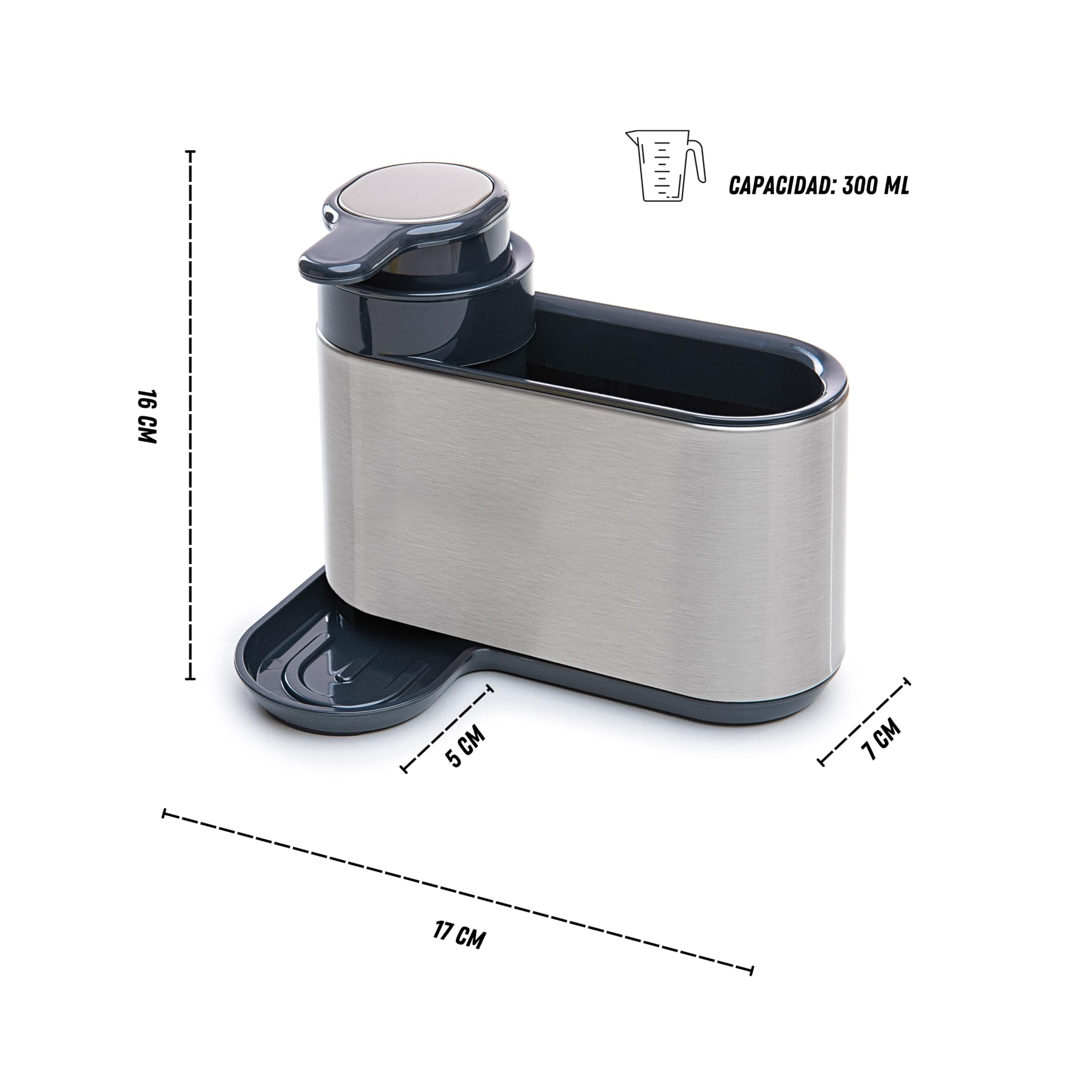 Erreke Dispensador de Jabón de Cocina, Acero Inoxidable Antihuellas | Dosificador Jabón Cocina con Soporte para Esponja. Larga Duración. Para Líquido Lavavajillas. Recargable