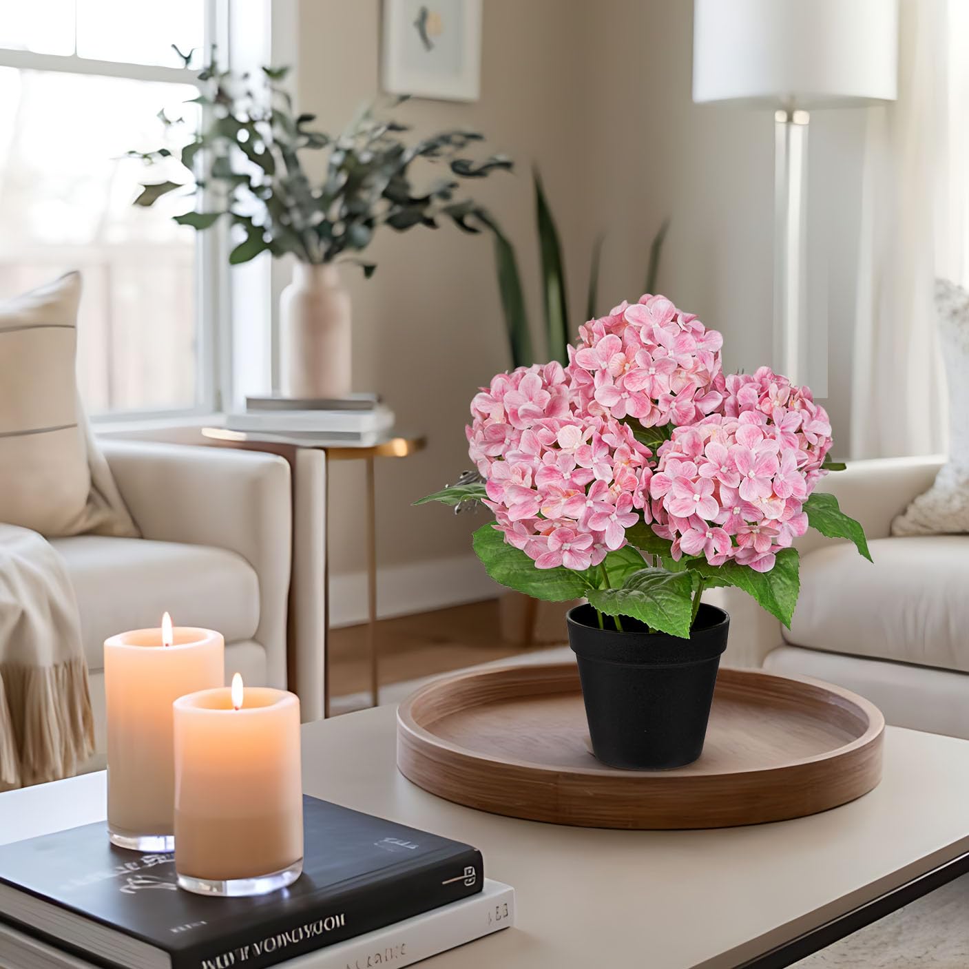 Briful Künstliche Hortensien im Topf 35 cm – Real Touch Kunstblume Wie Echt mit 5 Blütenköpfen – Dekorative Kunstpflanze für Wohnzimmer, Fensterbank & Büro, Rosa