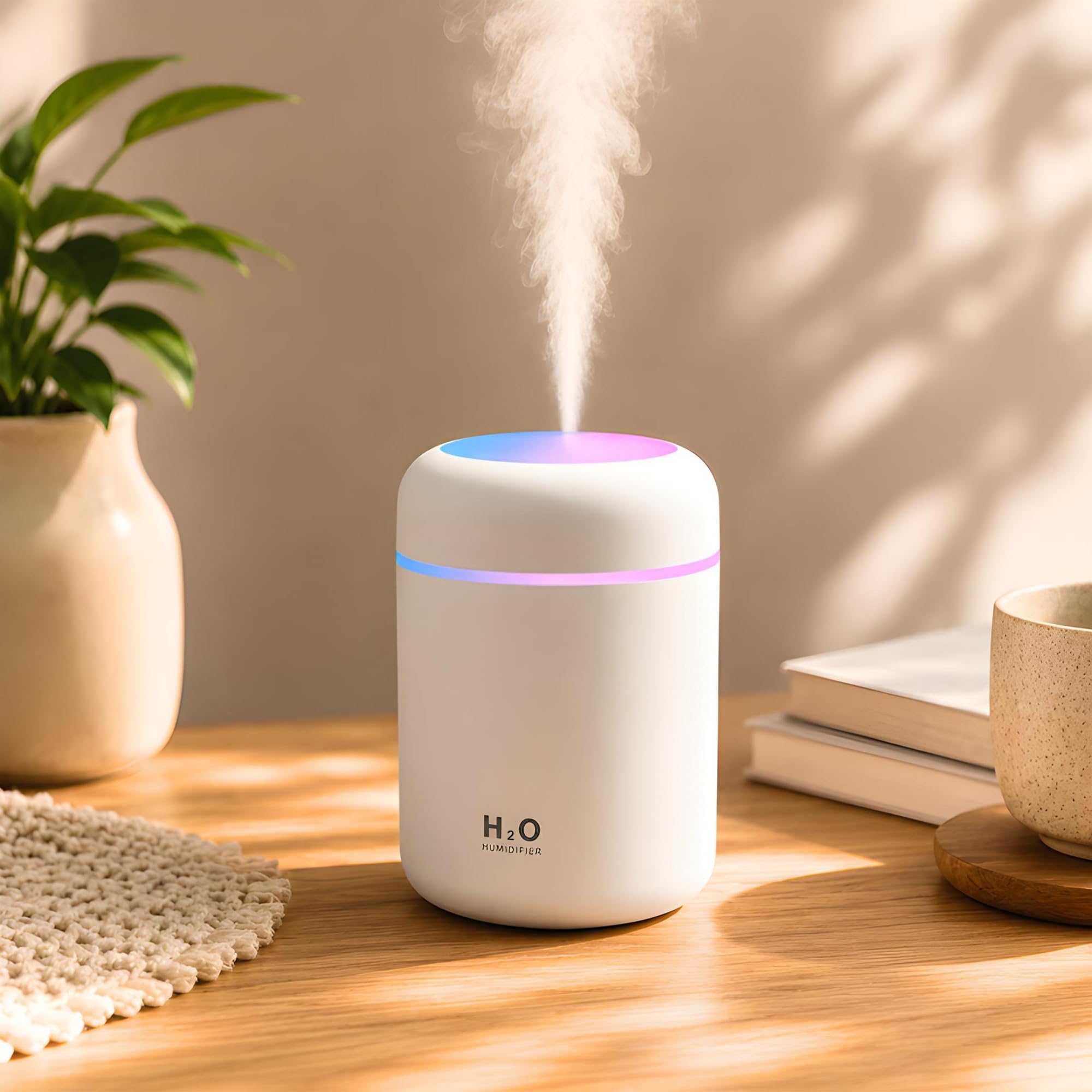 300 ML Mini USB Air Humidifier with Colorful LED Night Light | Portable Cool Mist Humidifier for Bedroom, Office, Car & Home | Dual Spray Modes, Auto Shut-Off, Silent Operation (White)-image-48
