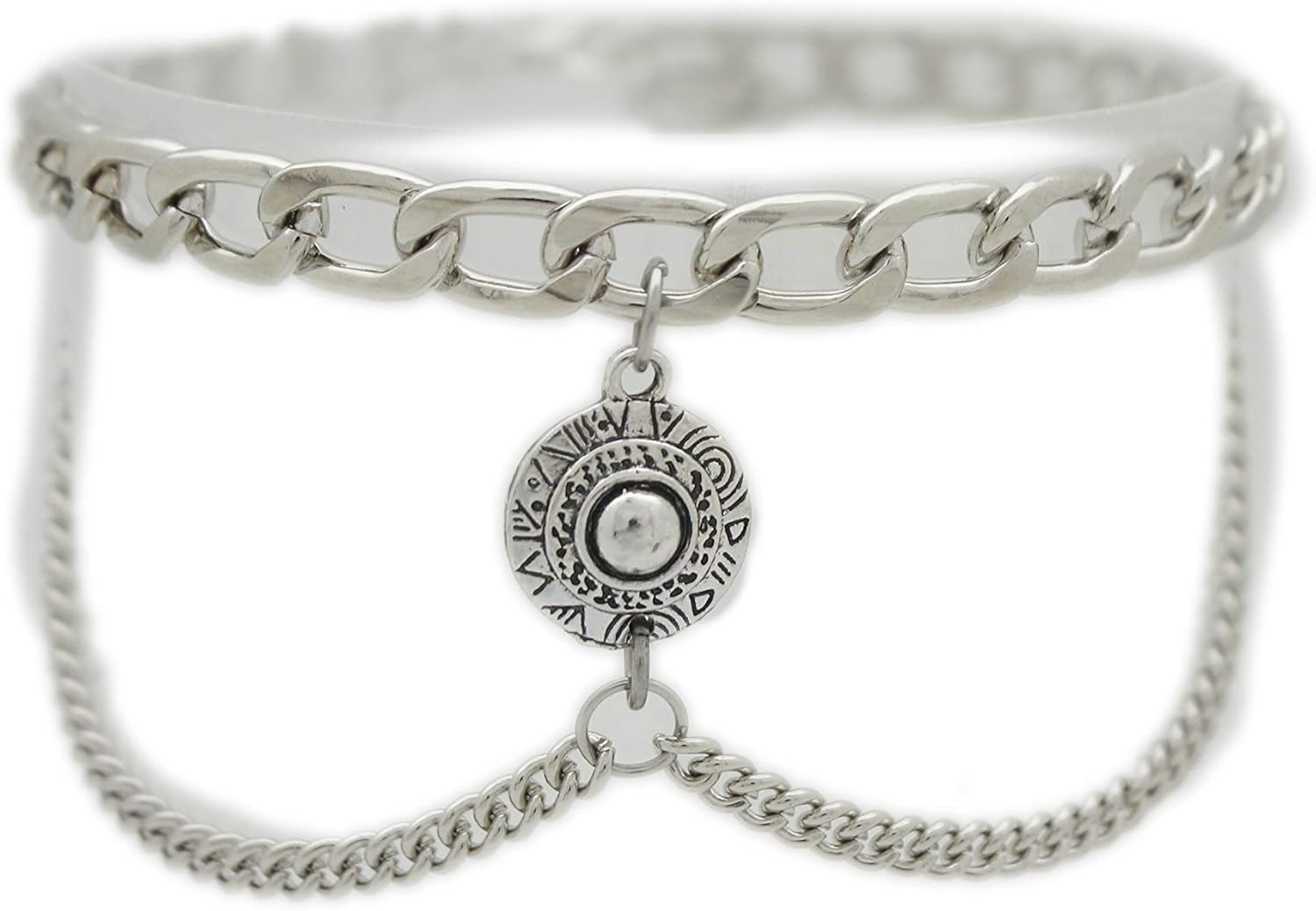 Women’s Boot Chain Bracelet – Silver Western Bling Anklet with Medallion Ethnic Coin Wave Charm – Adjustable One Side Strap – Festival Shoe Jewelry