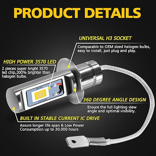 Miniatura 4 de AUXLIGHT H3 Bombillas LED antiniebla DRL, 3000 lúmenes, bombillas de repuesto extremadamente brillantes para automóviles, camiones, amarillo dorado