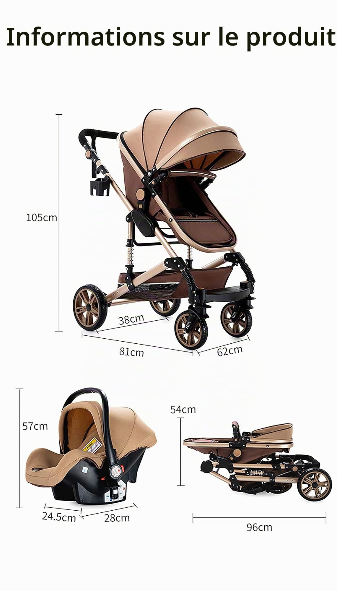 Nine point nine Poussette 3 en 1, Poussette Bebe avec Double Modes de Poussée Réversibles, Poussette Canne avec Grande Nacelle Confortable, Pousette avec Cadre Aluminium Haute Paysage (739 Black Gold)